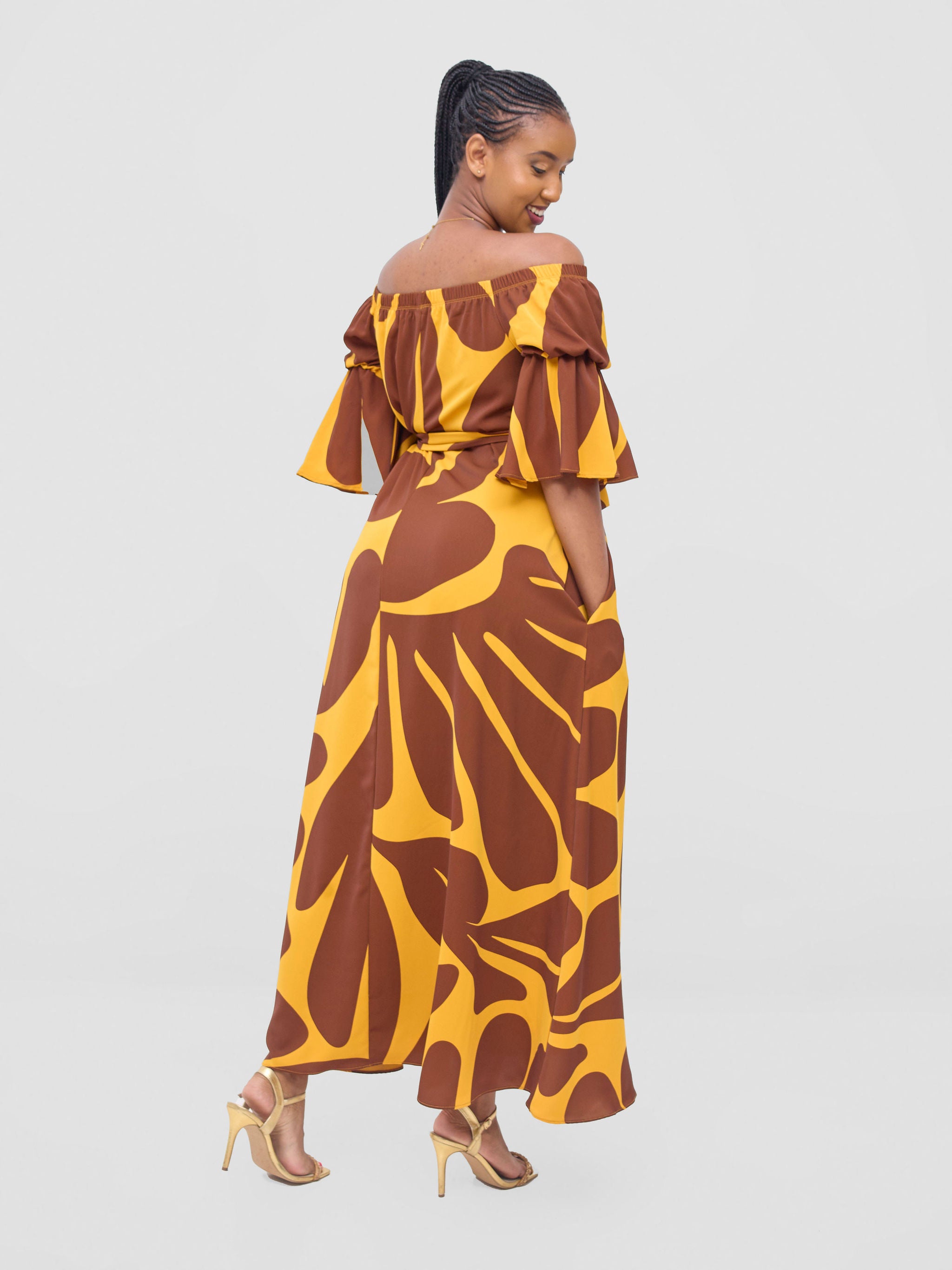 Vivo Tana Off Shoulder Maxi Dress - Mustard / Brown Amari Print