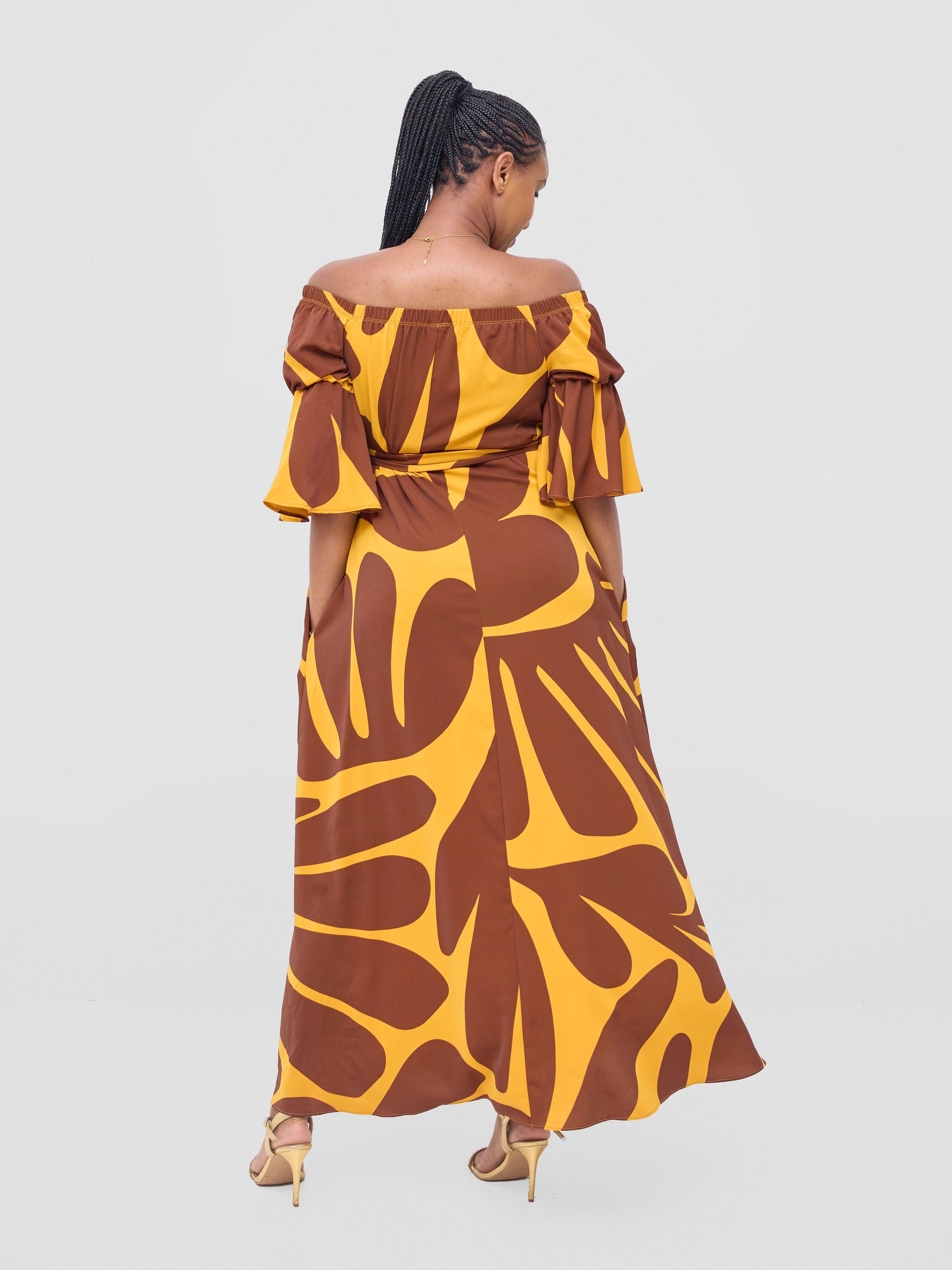 Vivo Tana Off Shoulder Maxi Dress - Mustard / Brown Amari Print