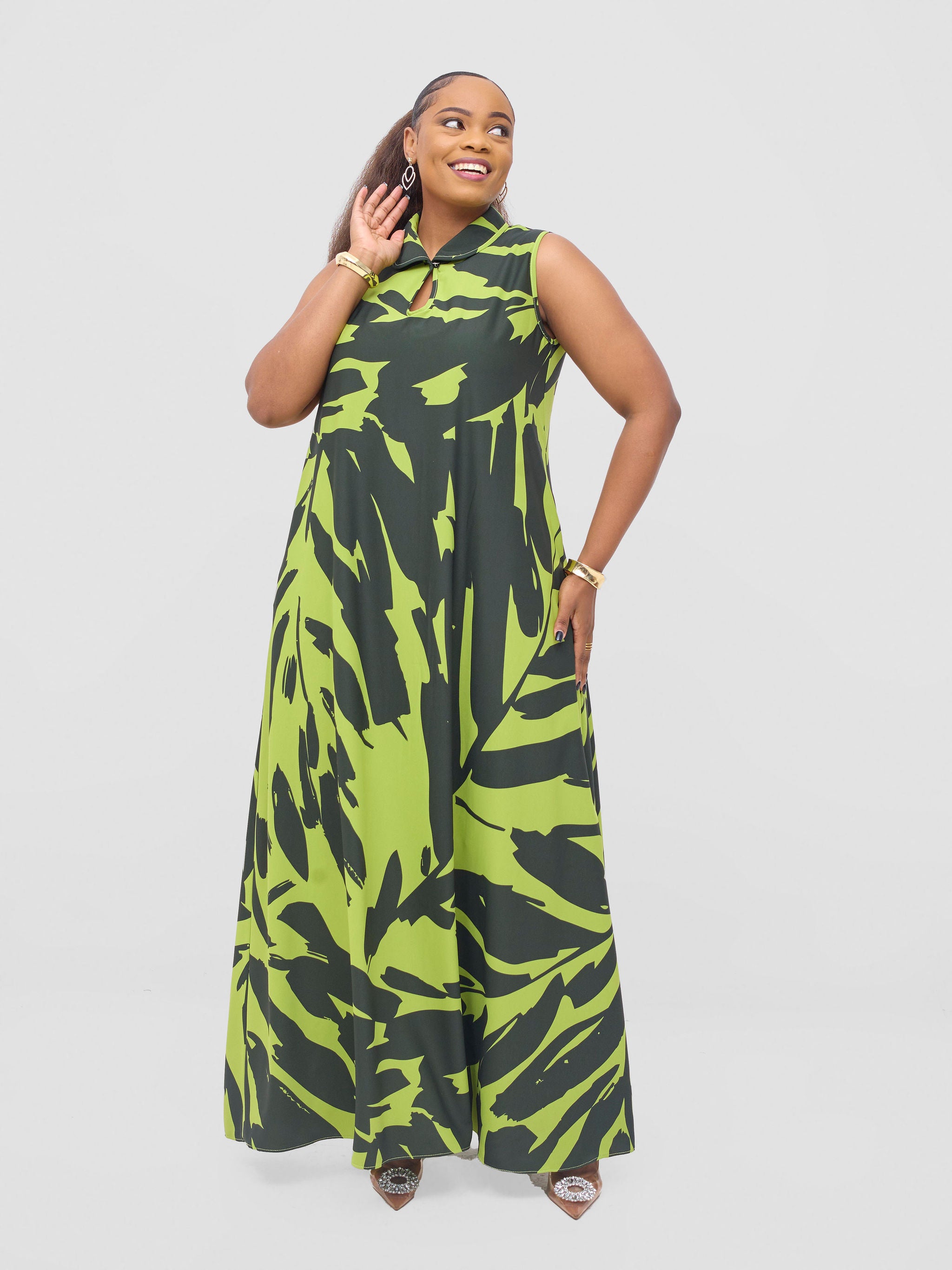 Vivo Asha Sleeveless Maxi Dress - Lime / Dark Navy Eta Print