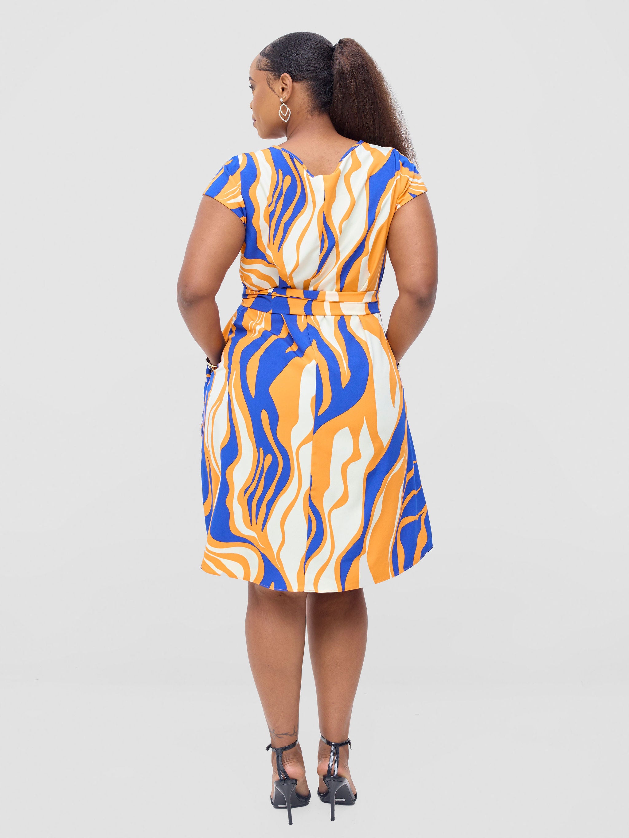 Vivo Basic Cap Sleeve Knee Length Tent Dress -Cobalt / Orange Capi Print