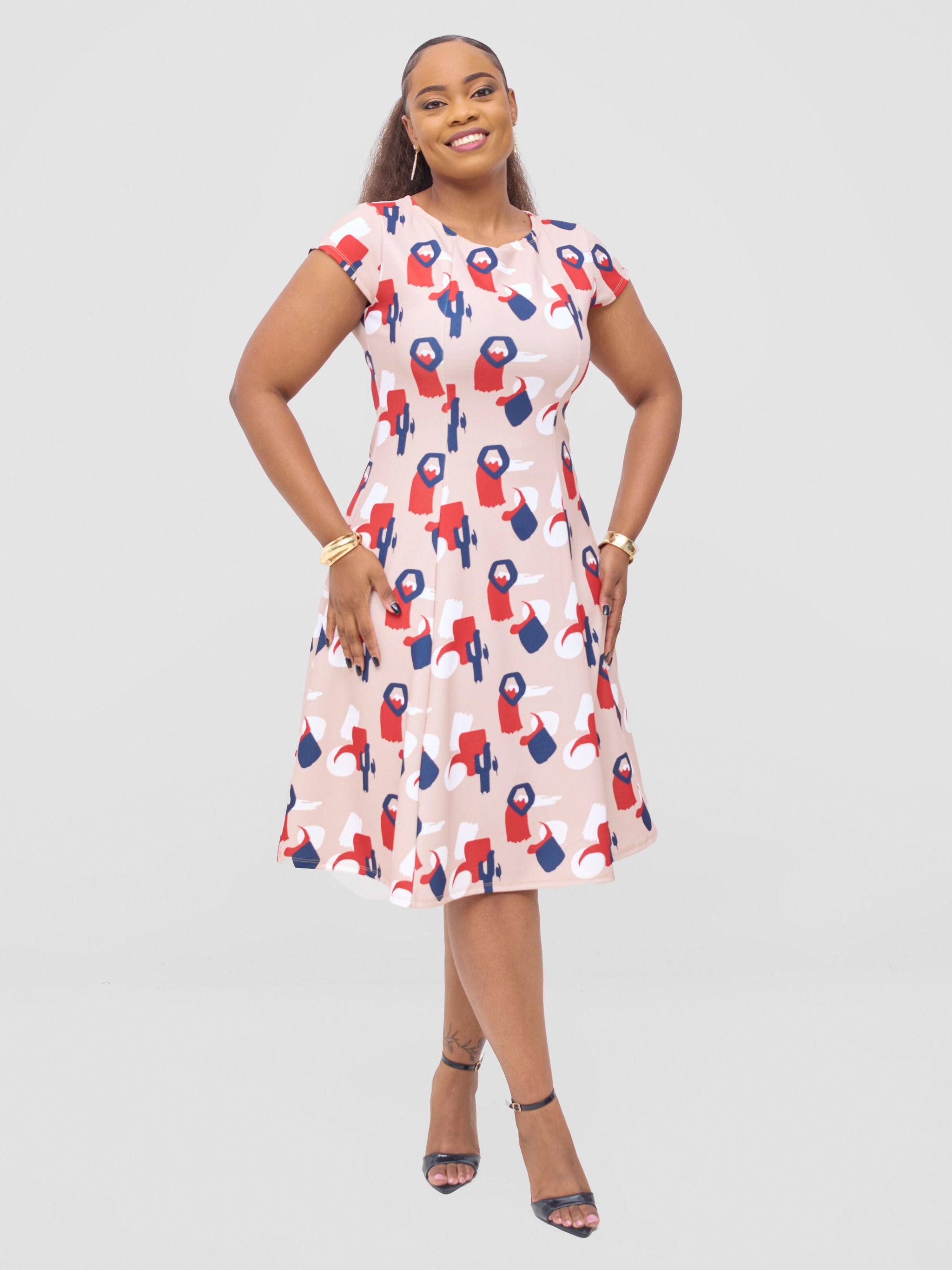 Vivo Basic Escape A-Line Dress - Taupe / Burgundy Esai Print
