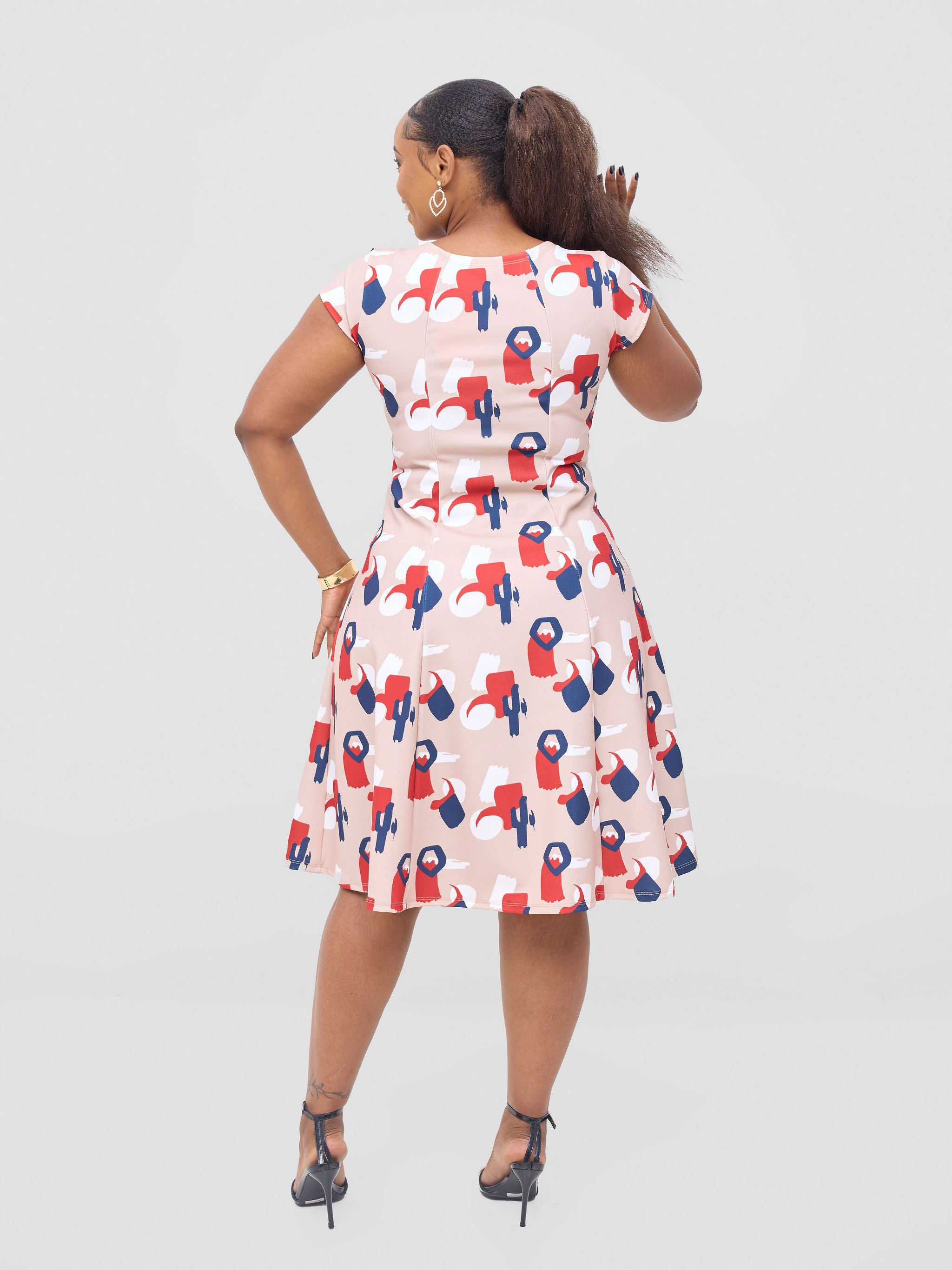 Vivo Basic Escape A-Line Dress - Taupe / Burgundy Esai Print