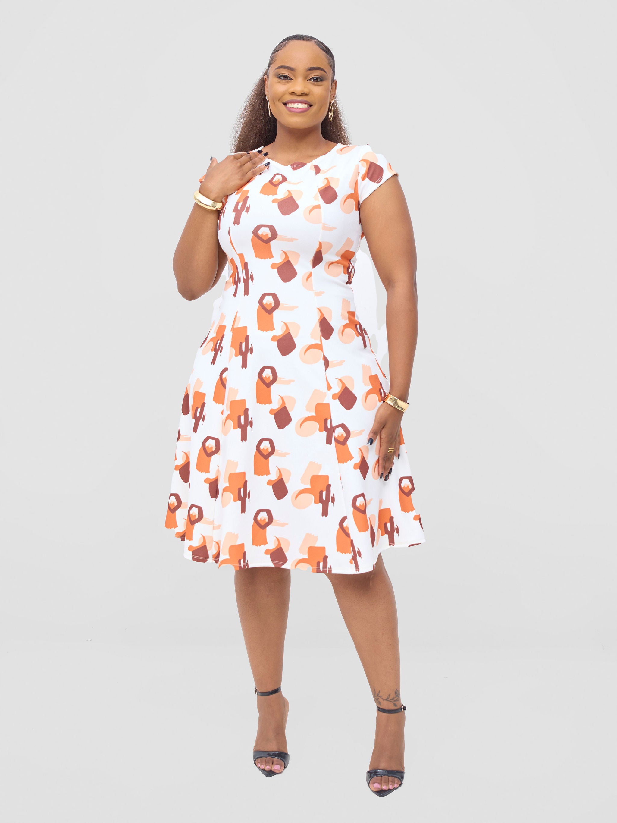 Vivo Basic Escape A-Line Dress - White / Orange Esai Print