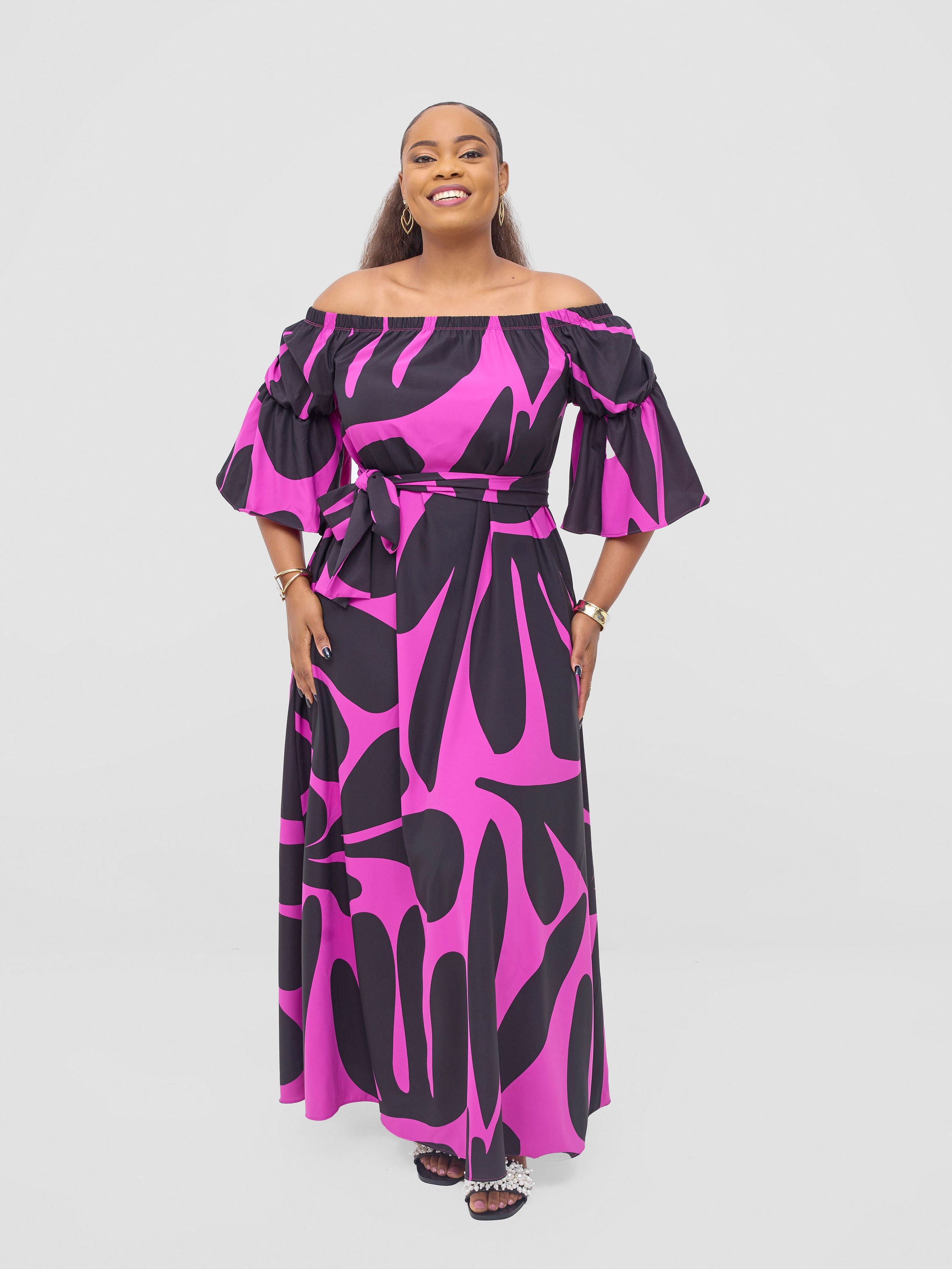Vivo Tana Off Shoulder Maxi Dress - Magenta / Black Amari Print