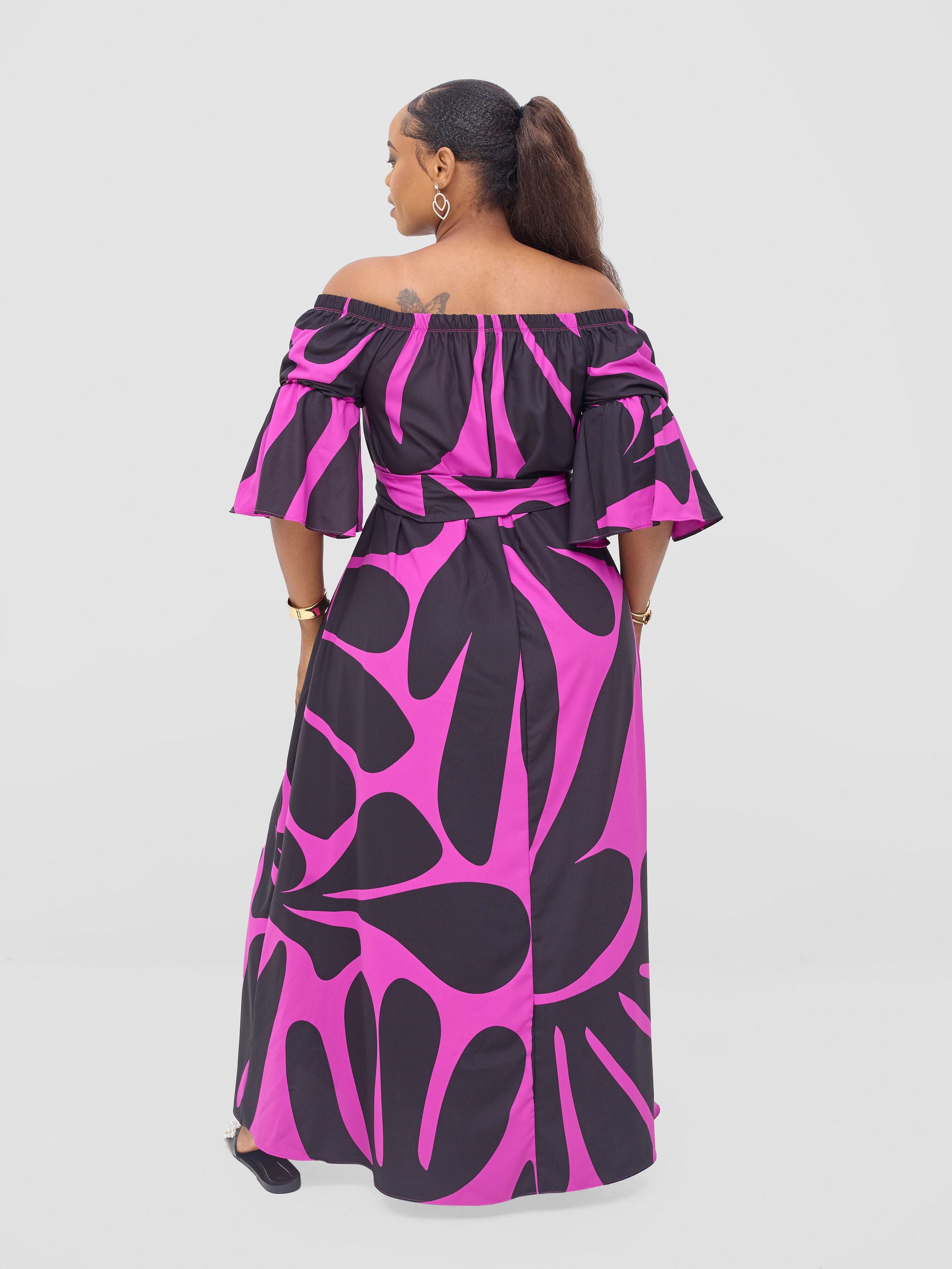 Vivo Tana Off Shoulder Maxi Dress - Magenta / Black Amari Print