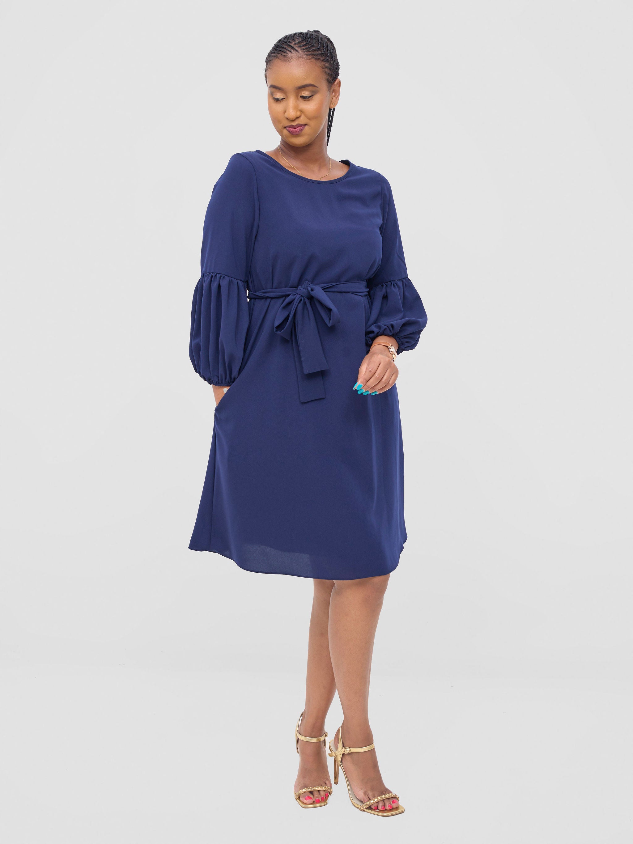 Vivo Zena Bishop Panel Long Sleeve Round Neck Dress - Dark Navy Blue