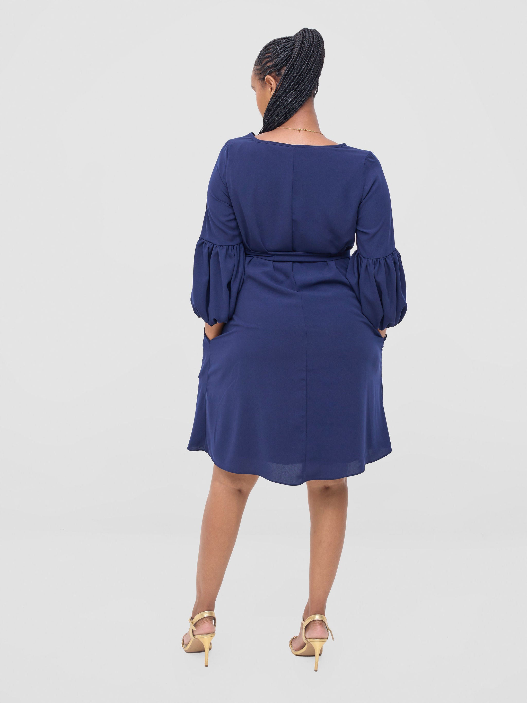 Vivo Zena Bishop Panel Long Sleeve Round Neck Dress - Dark Navy Blue