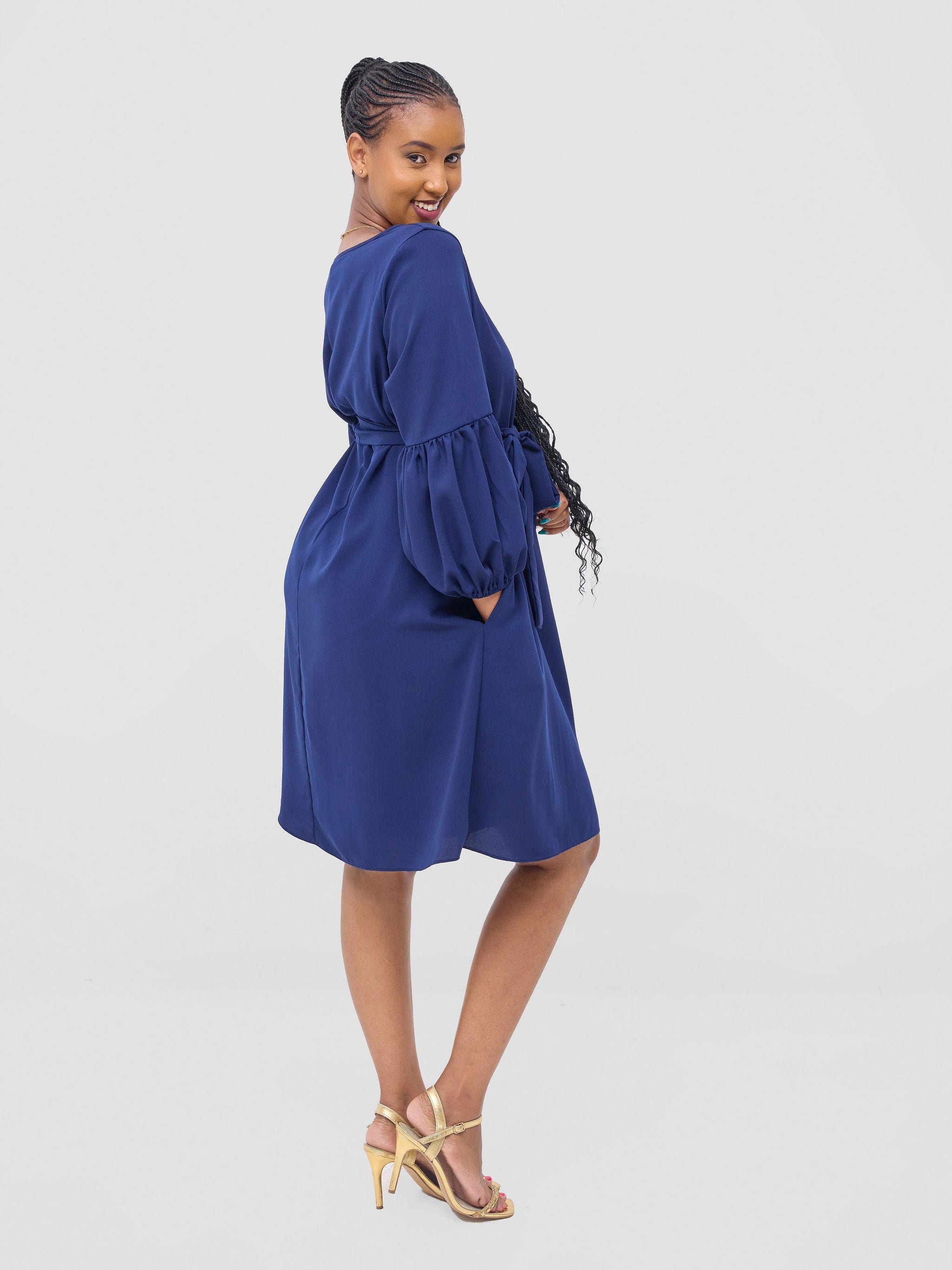Vivo Zena Bishop Panel Long Sleeve Round Neck Dress - Light Navy Blue
