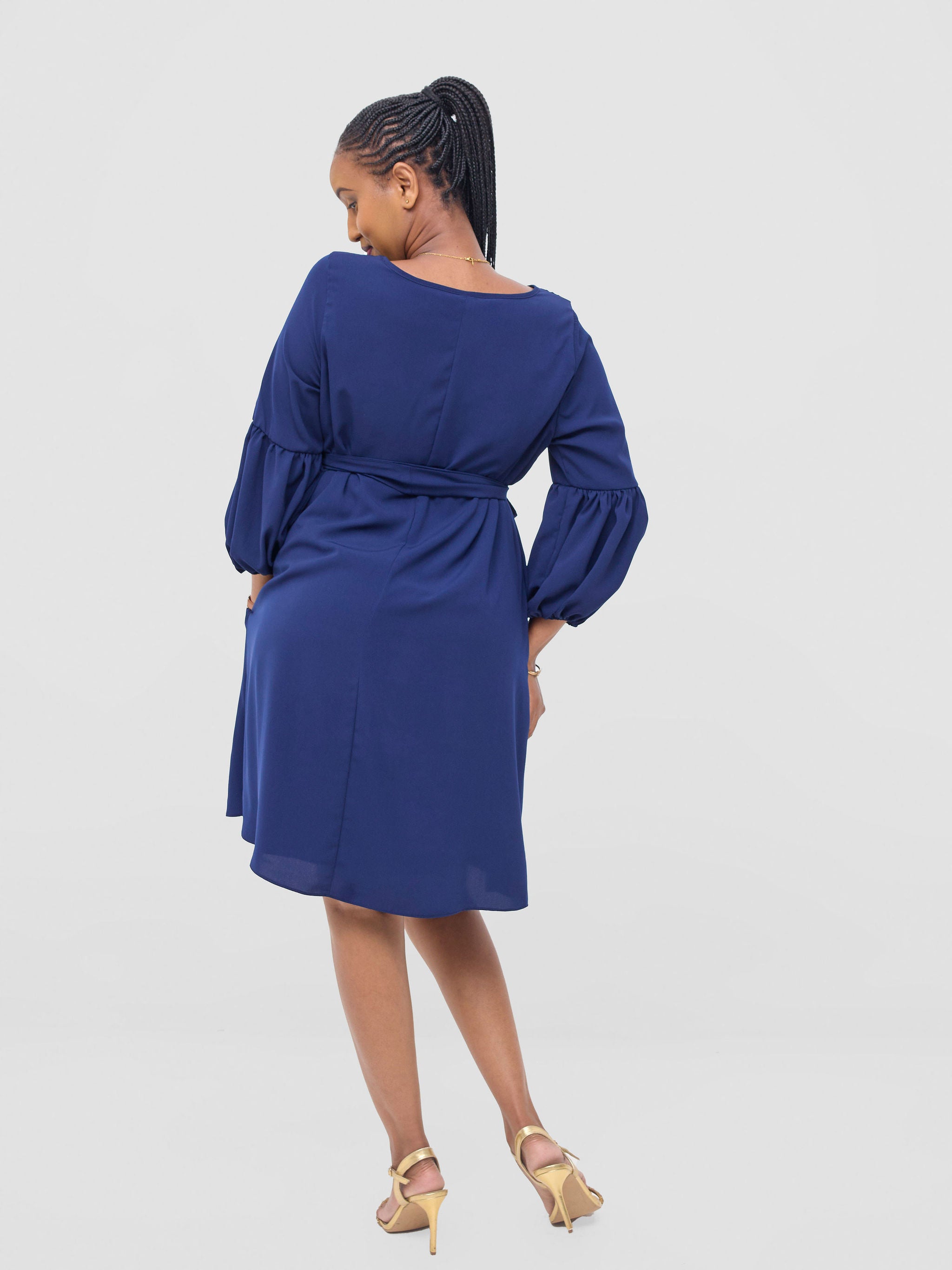 Vivo Zena Bishop Panel Long Sleeve Round Neck Dress - Light Navy Blue