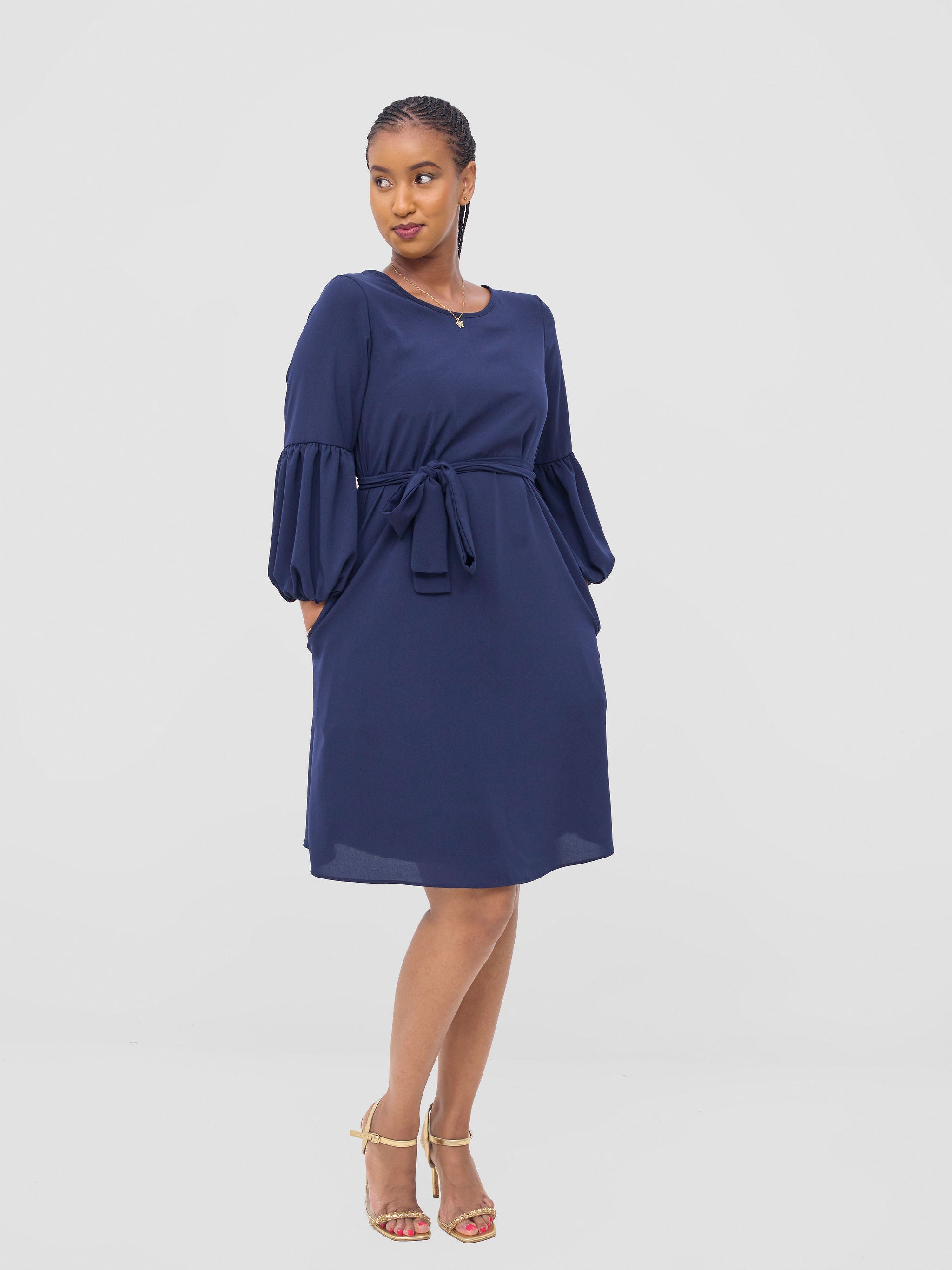 Vivo Zena Bishop Panel Long Sleeve Round Neck Dress - Navy Blue