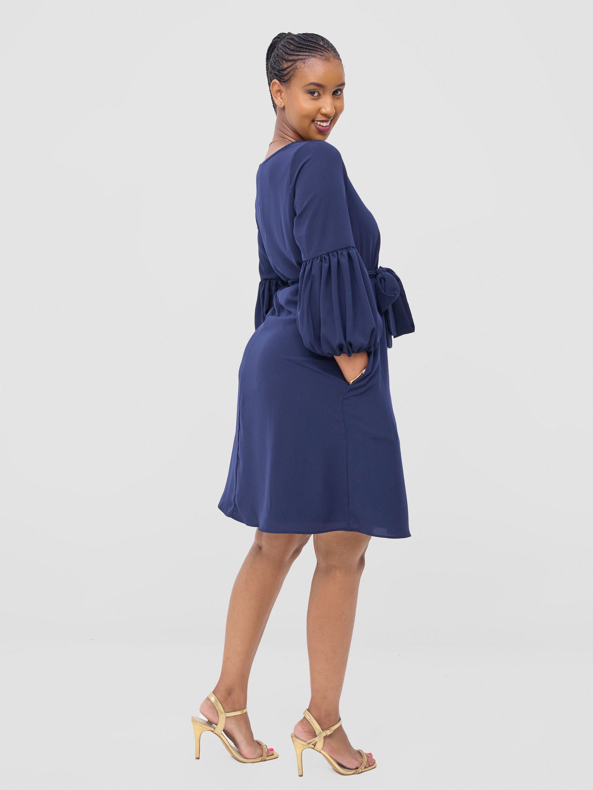Vivo Zena Bishop Panel Long Sleeve Round Neck Dress - Navy Blue