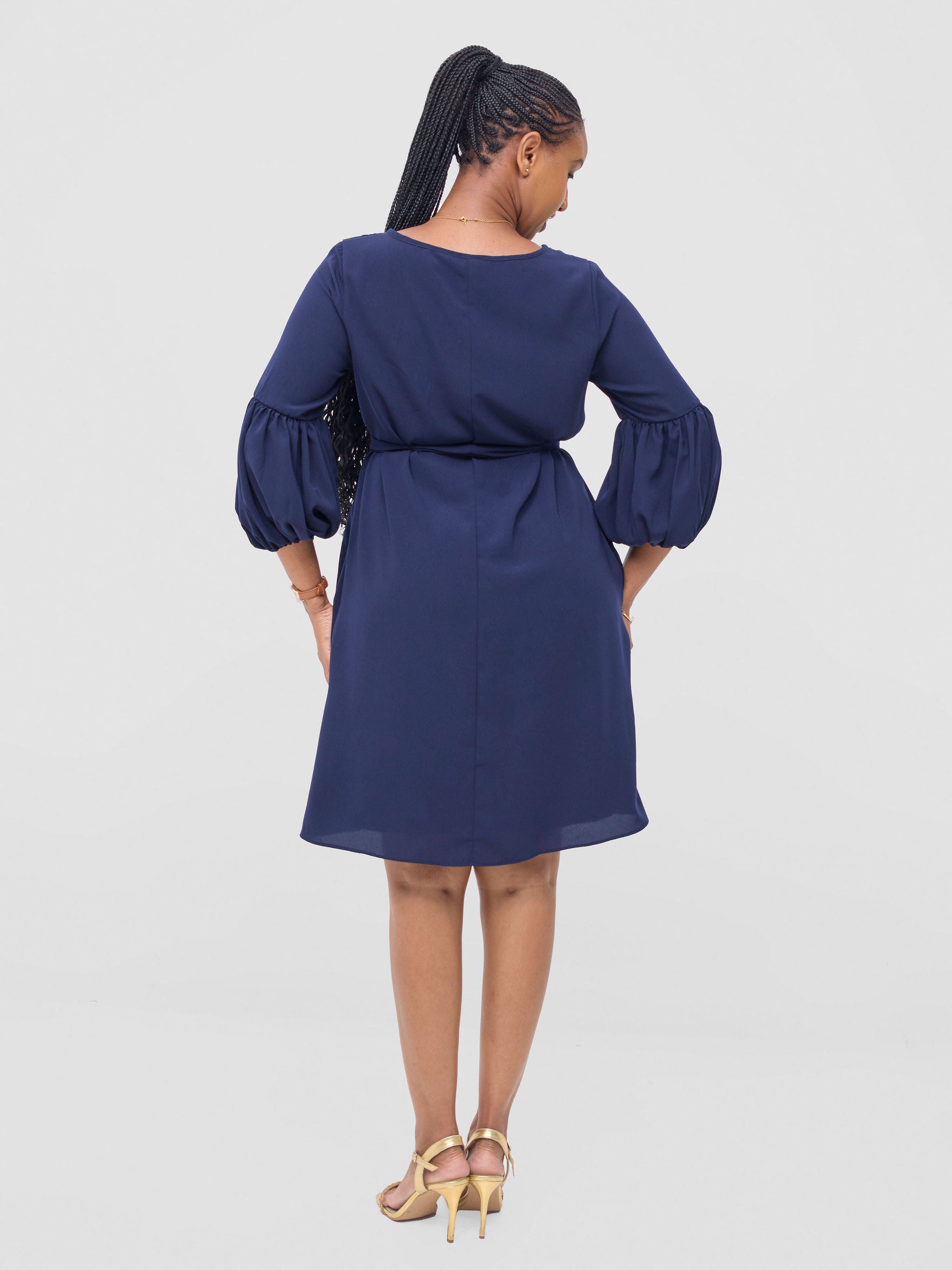 Vivo Zena Bishop Panel Long Sleeve Round Neck Dress - Navy Blue