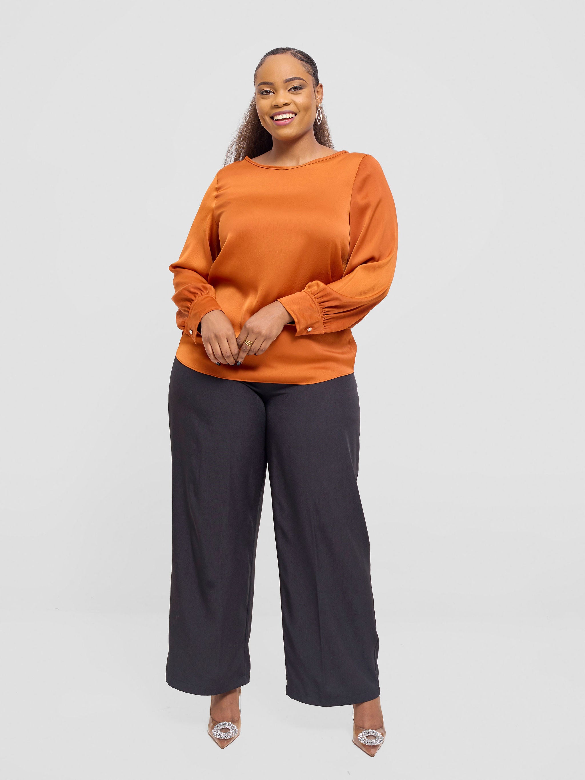 Vivo Tatili Satin Bishop Long Sleeve Top - Rust Textured