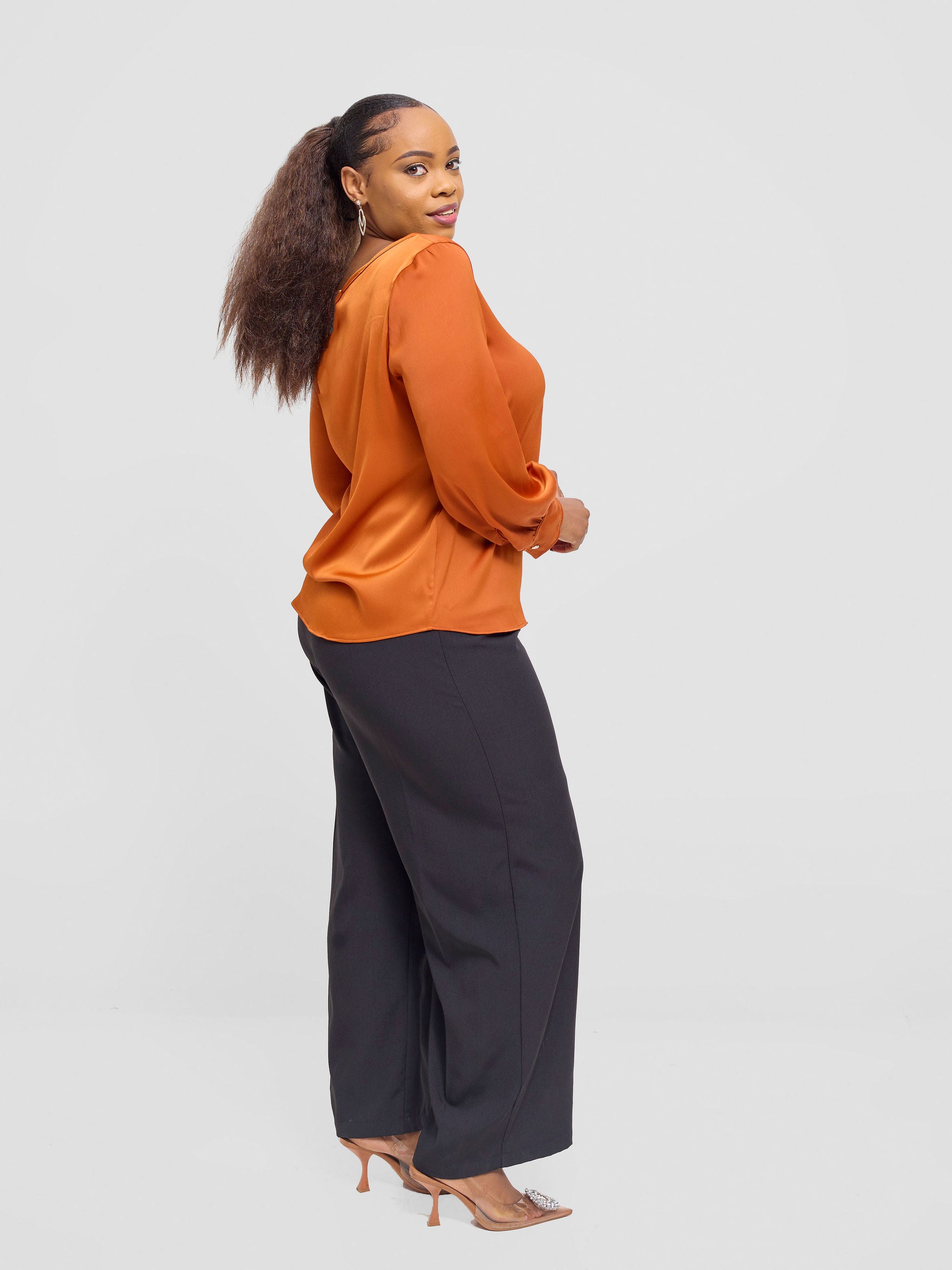 Vivo Tatili Satin Bishop Long Sleeve Top - Rust Textured