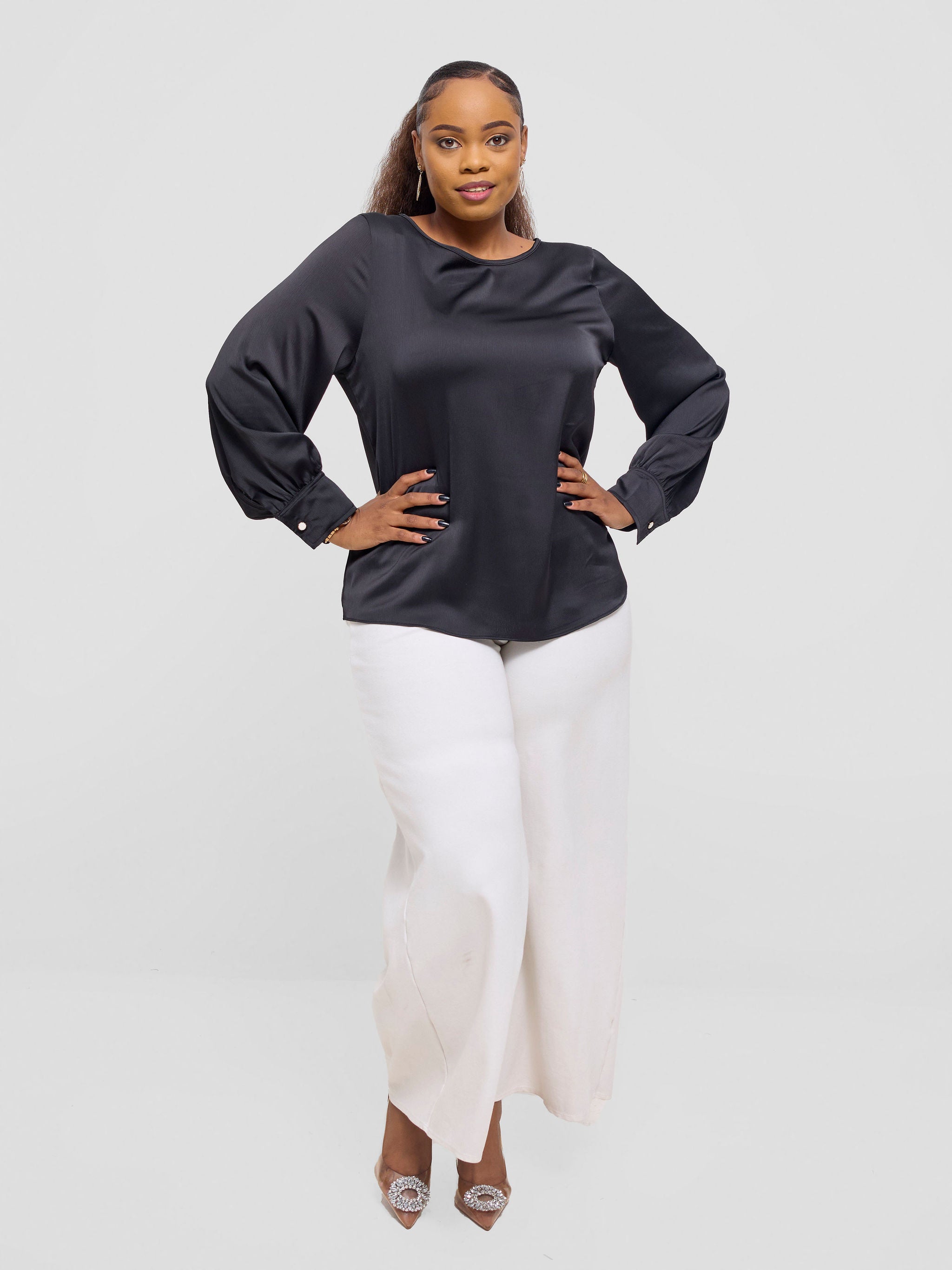 Vivo Tatili Satin Bishop Long Sleeve Top - Black Textured