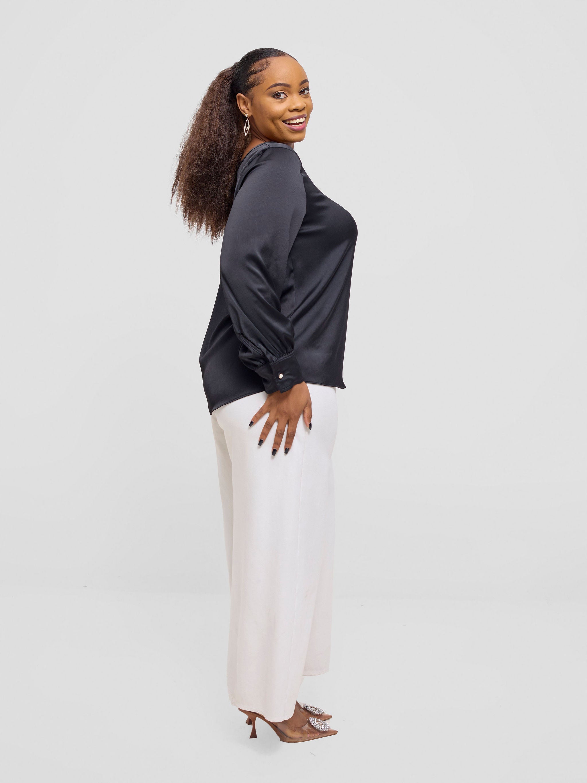 Vivo Tatili Satin Bishop Long Sleeve Top - Black Textured