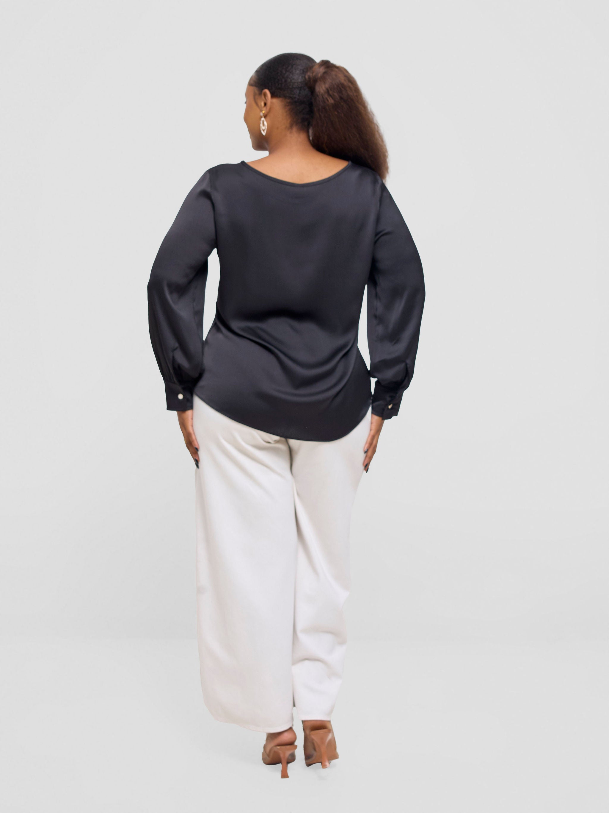 Vivo Tatili Satin Bishop Long Sleeve Top - Black Textured