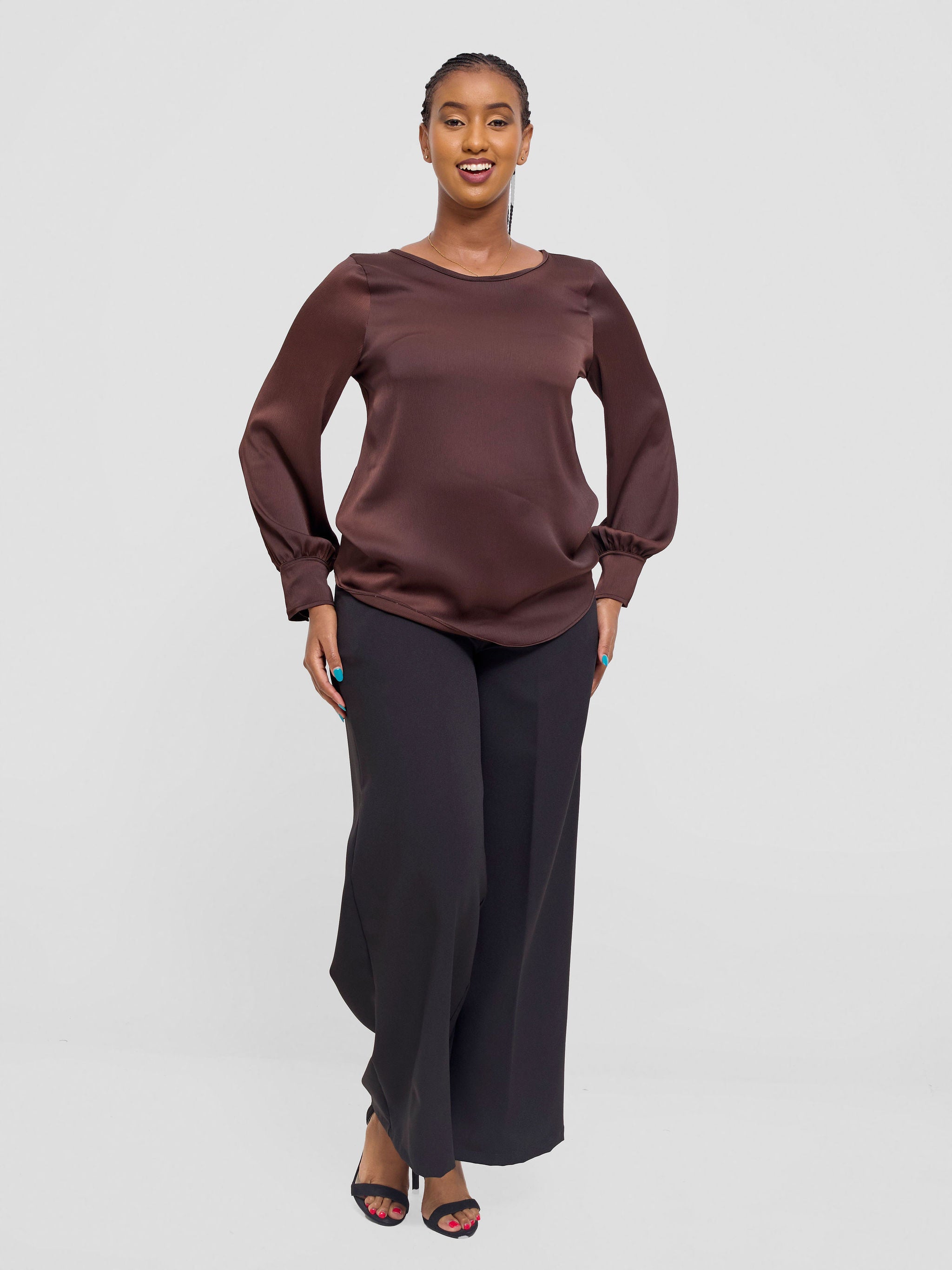 Vivo Tatili Satin Bishop Long Sleeve Top - Chocolate Textured