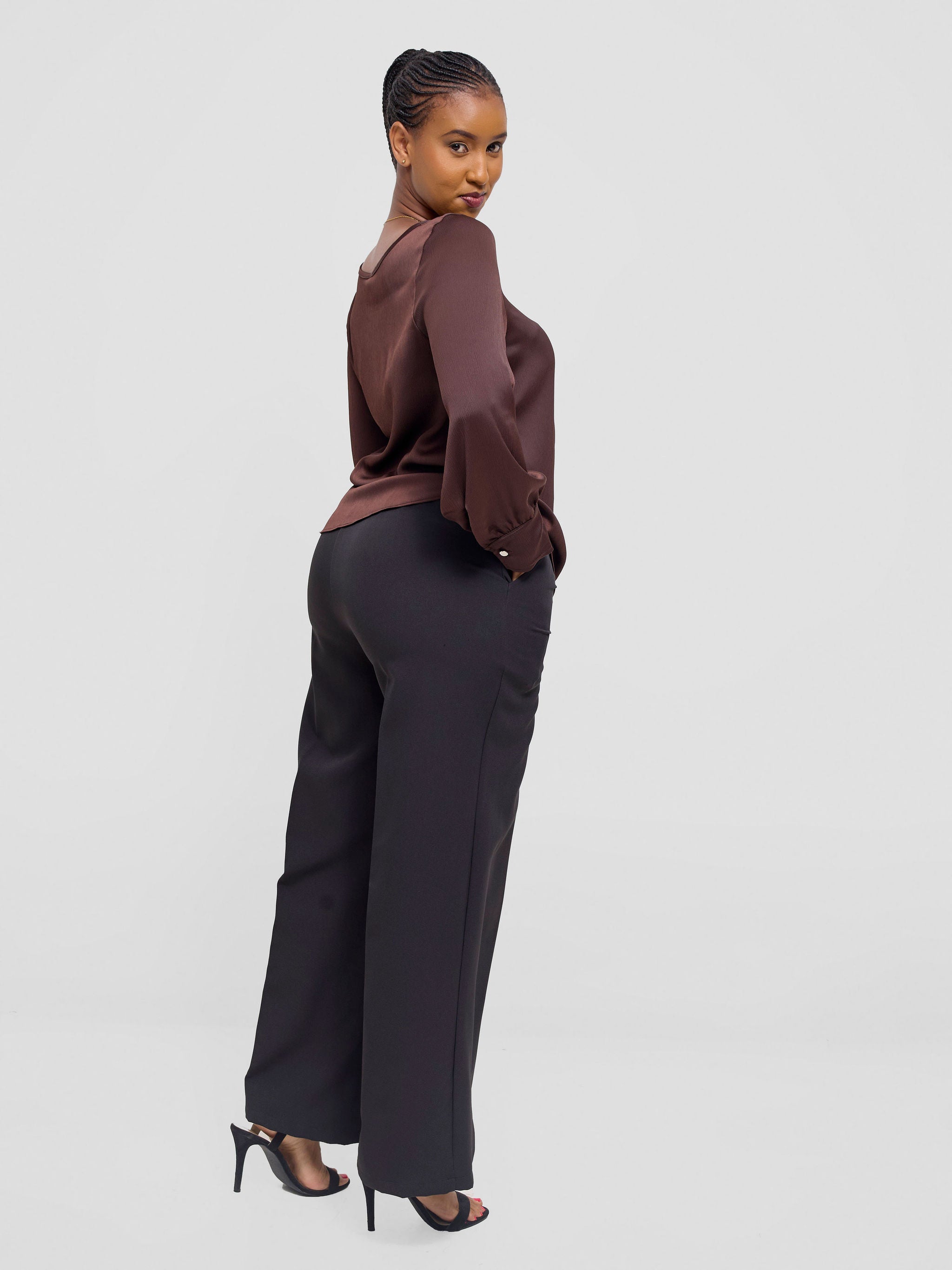 Vivo Tatili Satin Bishop Long Sleeve Top - Chocolate Textured
