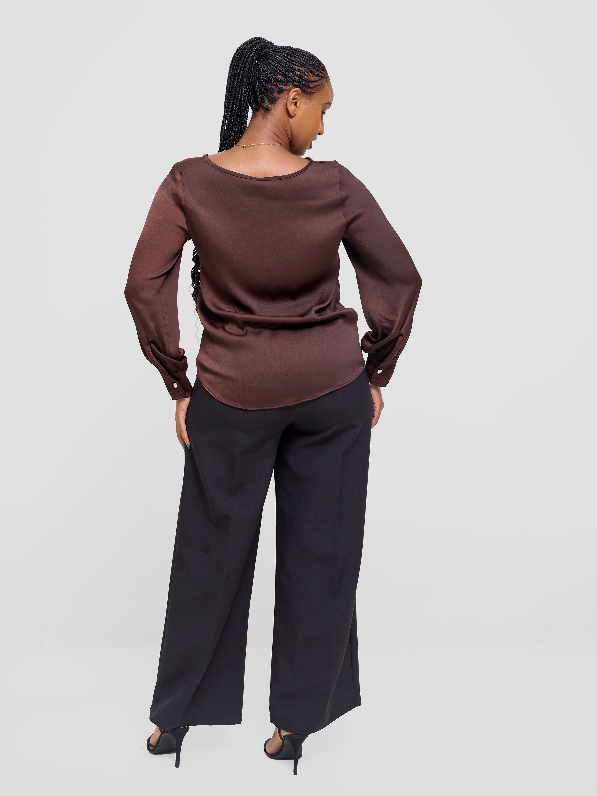 Vivo Tatili Satin Bishop Long Sleeve Top - Chocolate Textured