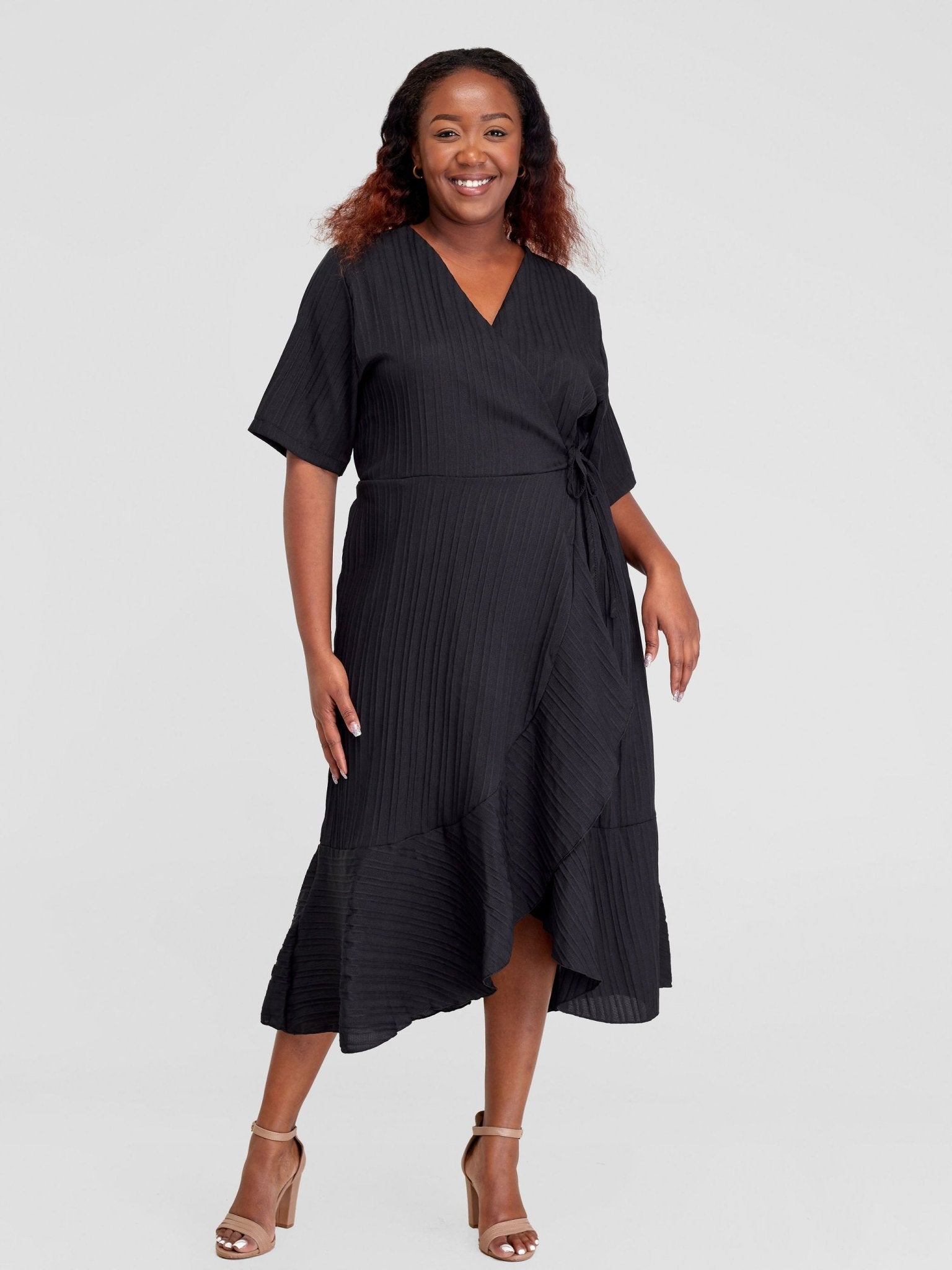 Alara Ruffle Trim Tie Side Wrap Dress - Black - Shopzetu