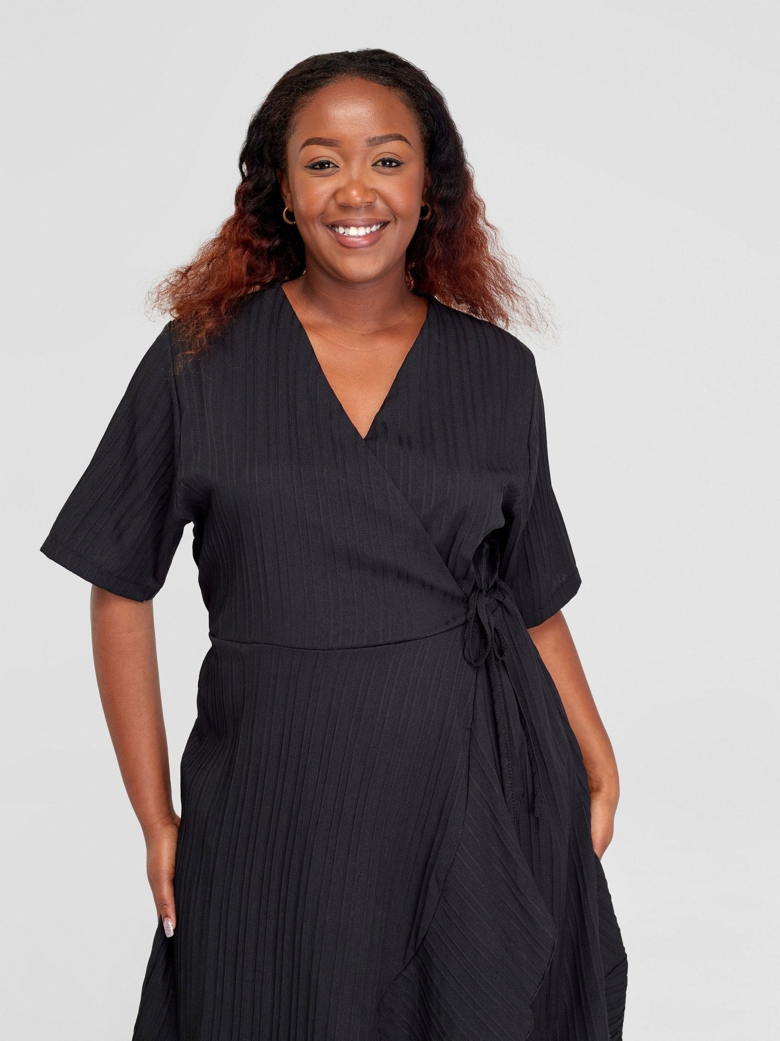 Alara Ruffle Trim Tie Side Wrap Dress - Black - Shopzetu