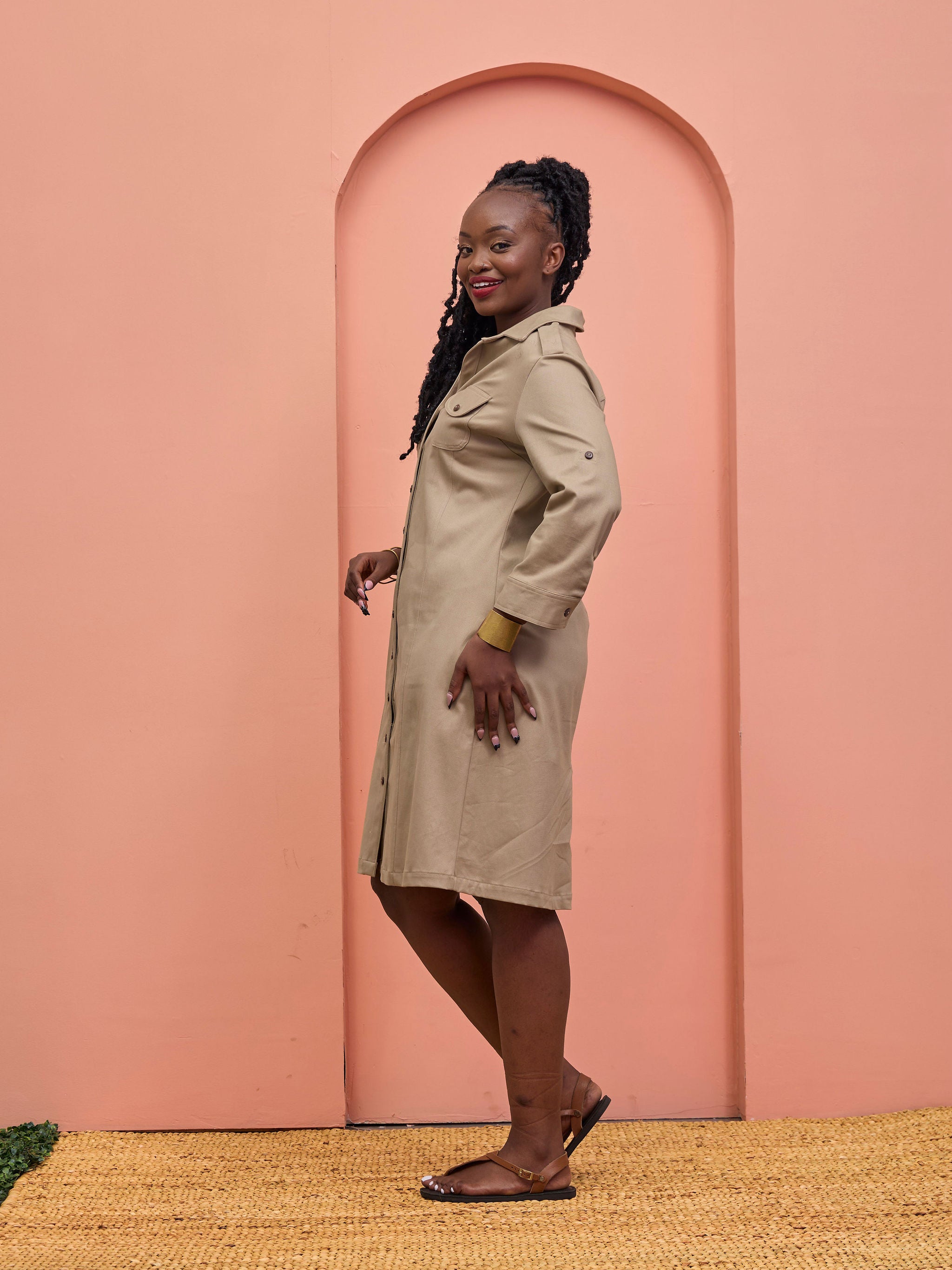 Safari Chui 3/4 Sleeve A-Line Dress - Taupe
