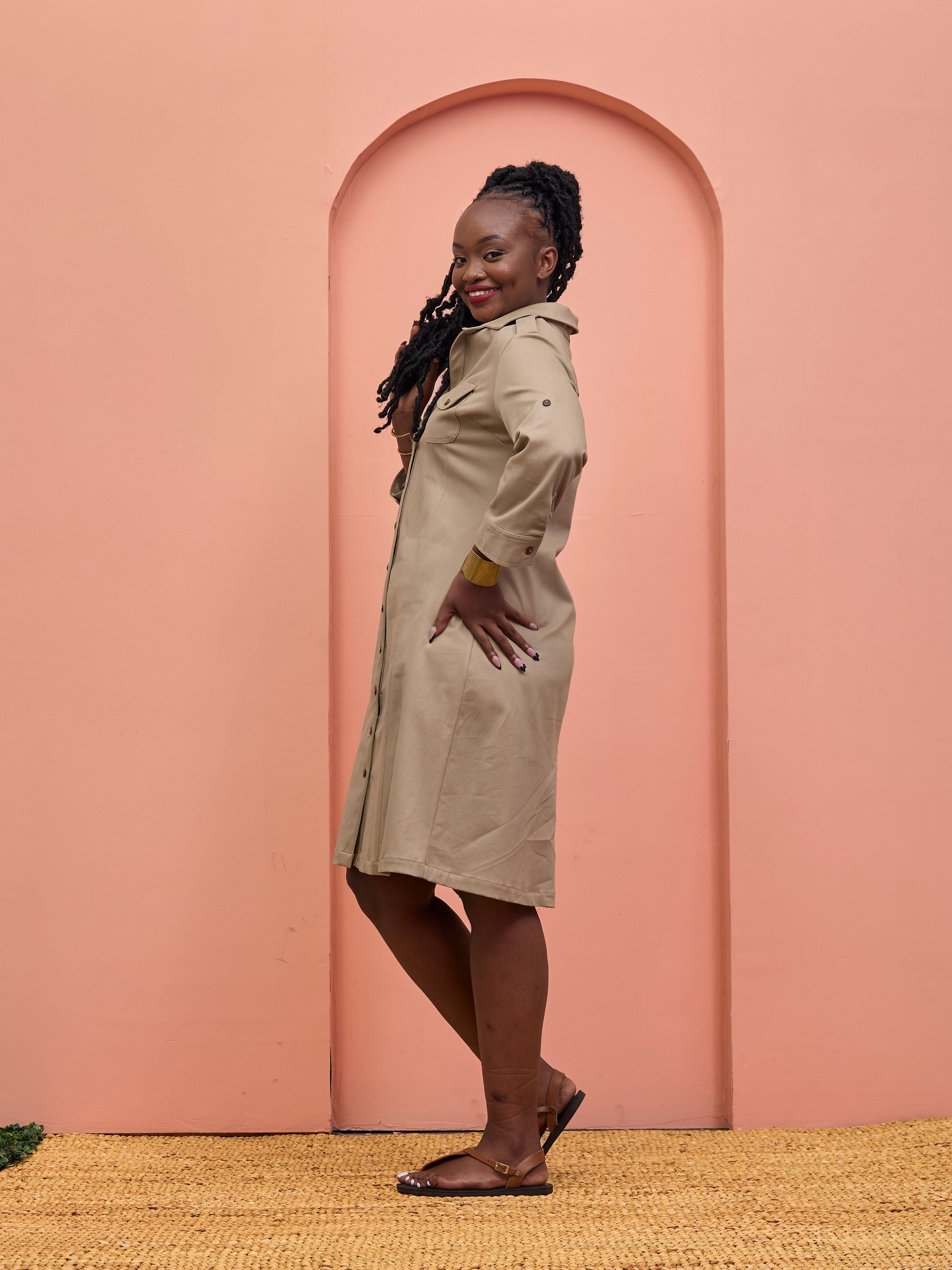 Safari Chui 3/4 Sleeve A-Line Dress - Taupe