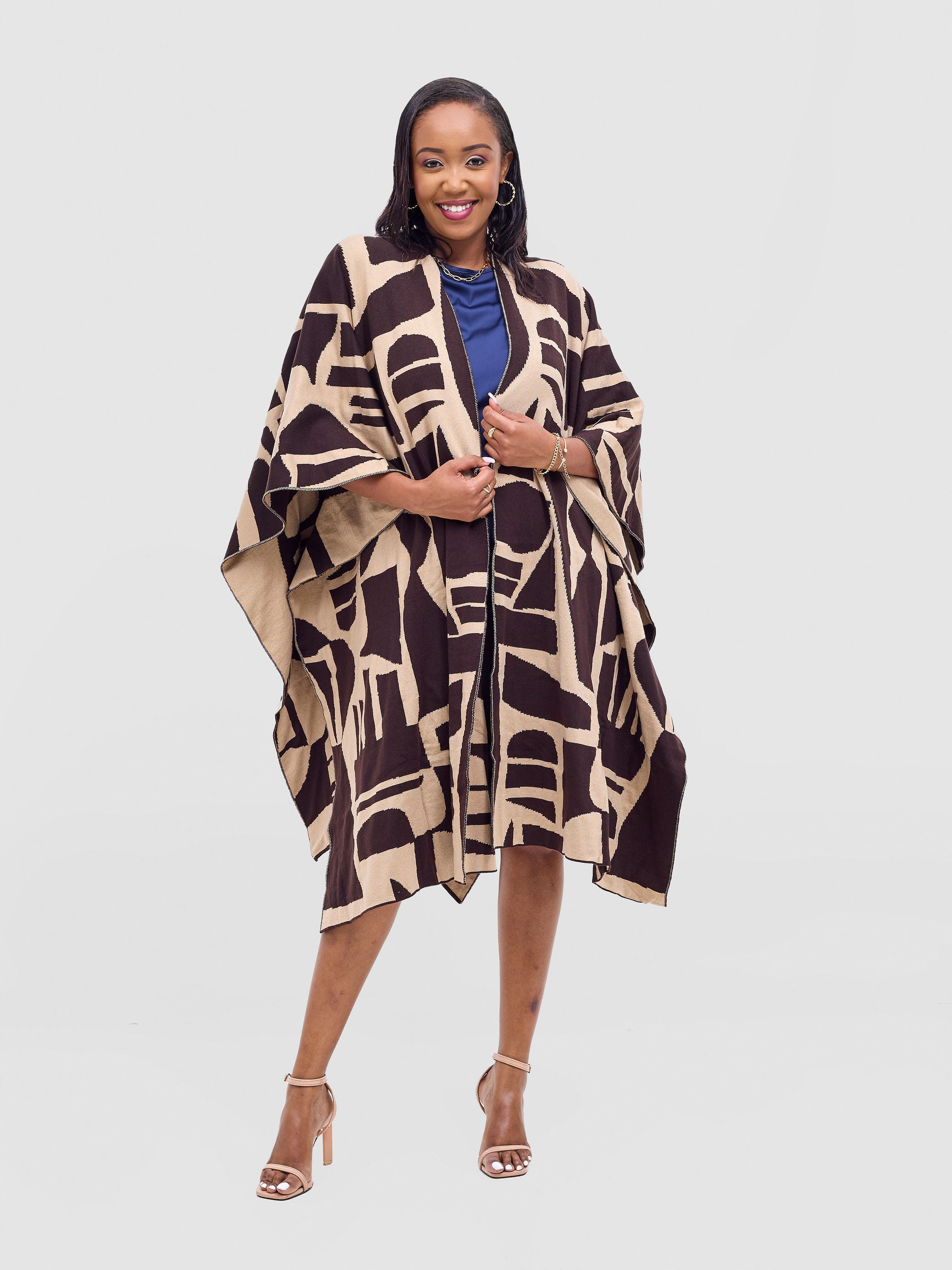 Vivo Reversible Poncho without Fringes - Coffee Brown / Taupe Samba Print