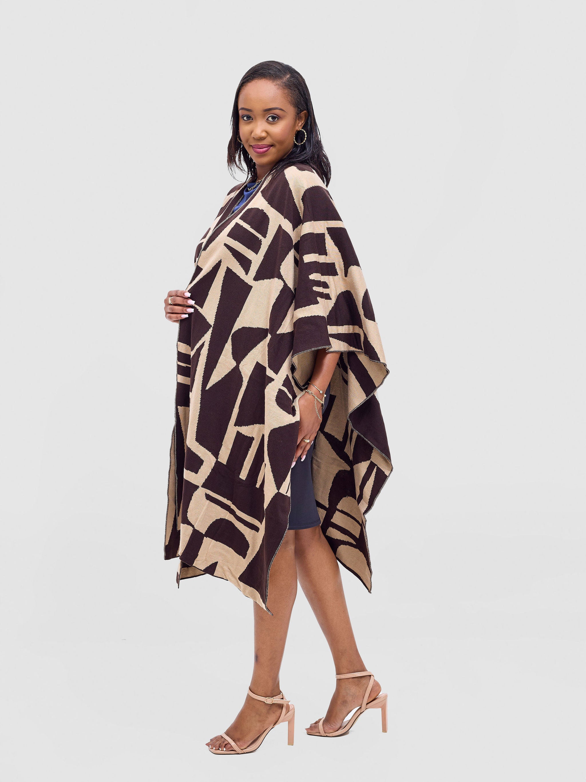 Vivo Reversible Poncho without Fringes - Coffee Brown / Taupe Samba Print