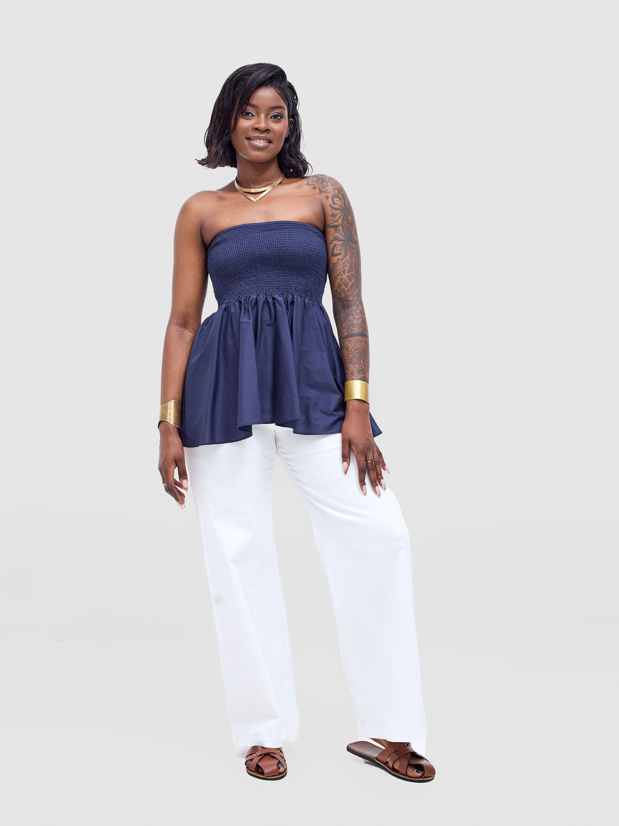 Safari Tiwa Shirred Top - Navy