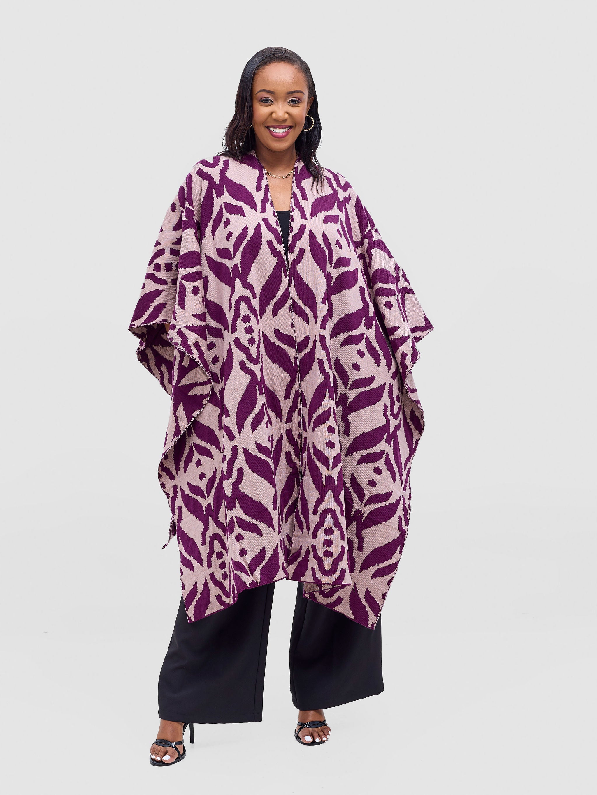 Vivo Reversible Poncho without Fringes - Plum / Champagne Ukwi Print