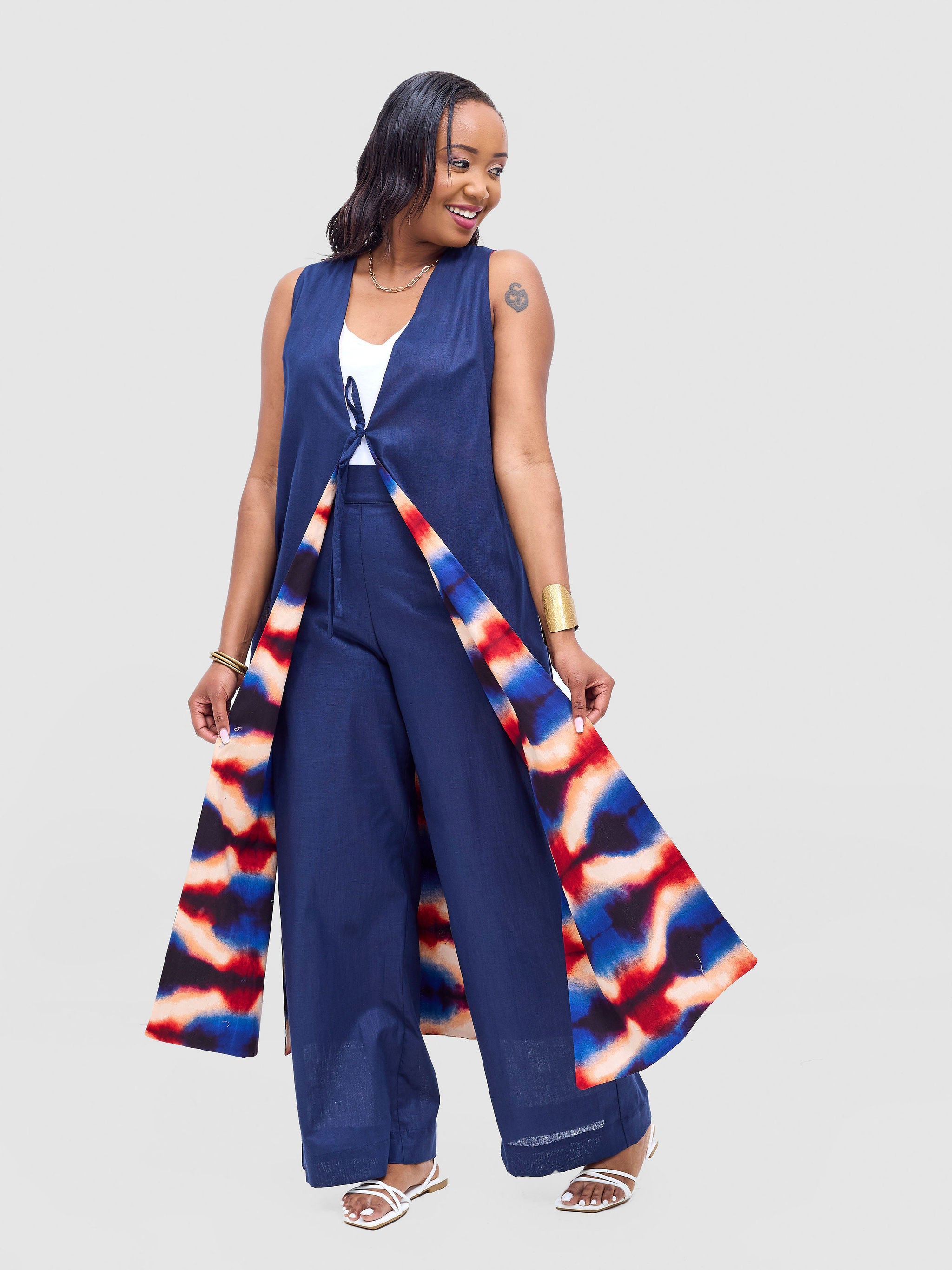Safari Tiwa Reversible Tie Kimono - Navy + Sefa Print