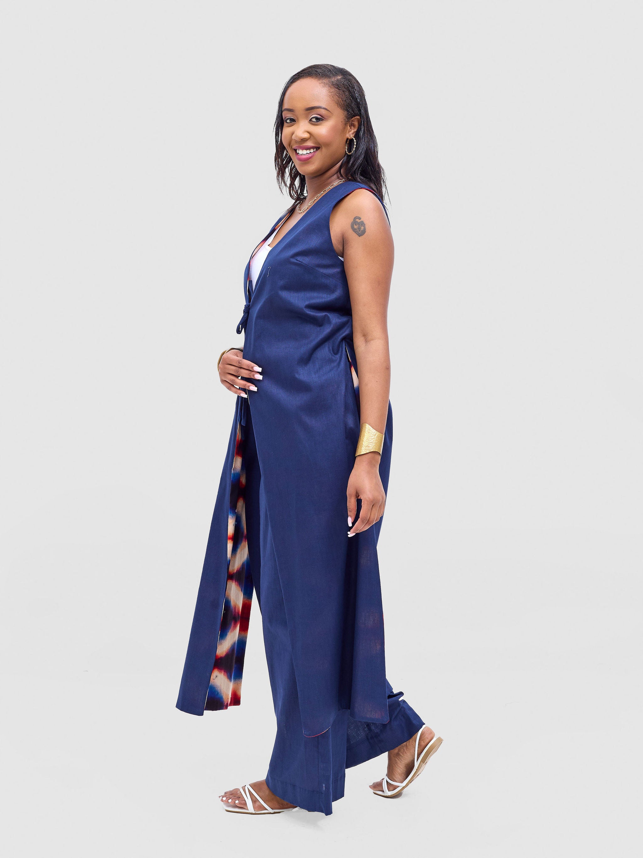 Safari Tiwa Reversible Tie Kimono - Navy + Sefa Print