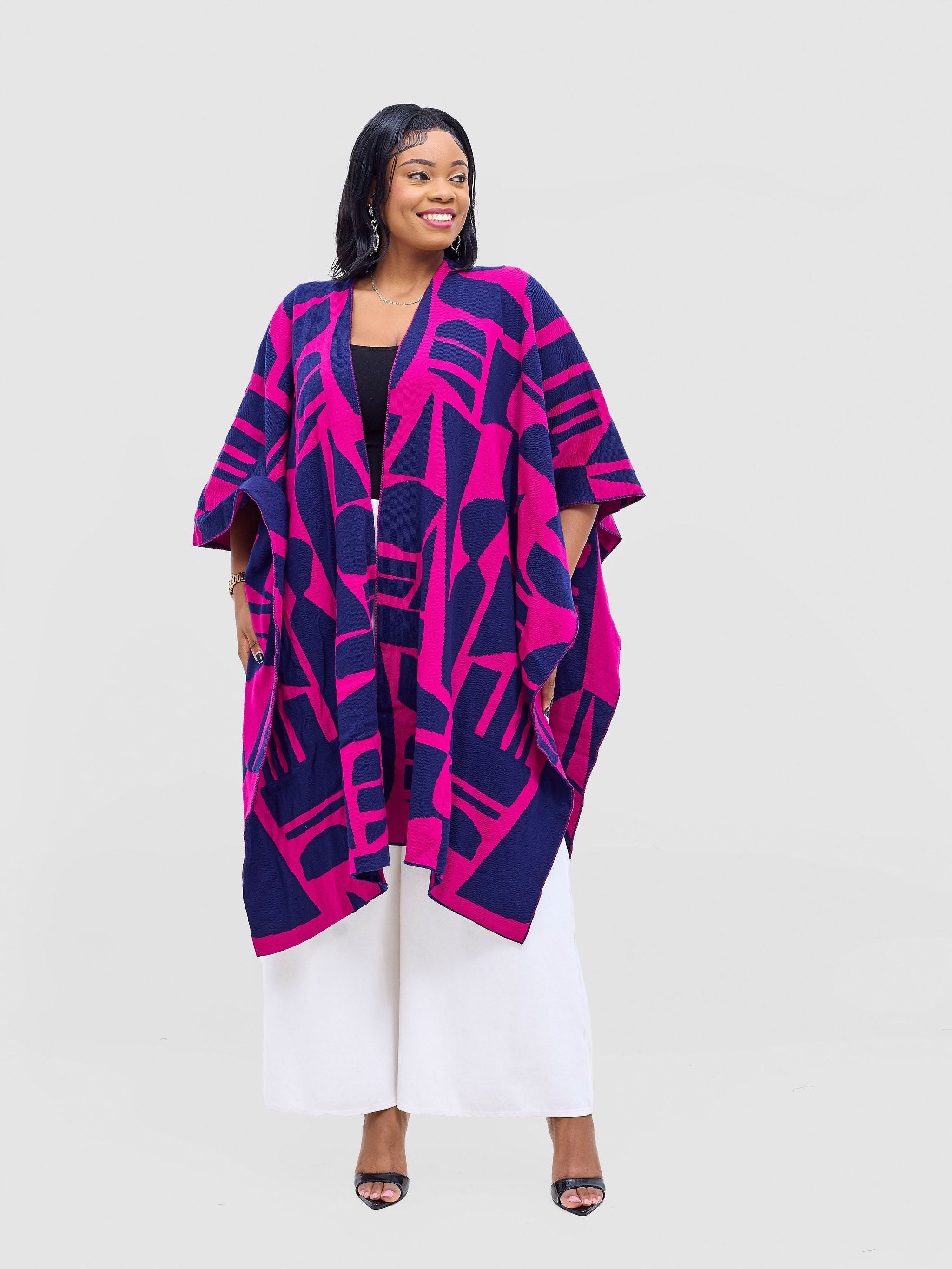 Vivo Reversible Poncho without Fringes - Light Navy / Dark Pink Samba Print
