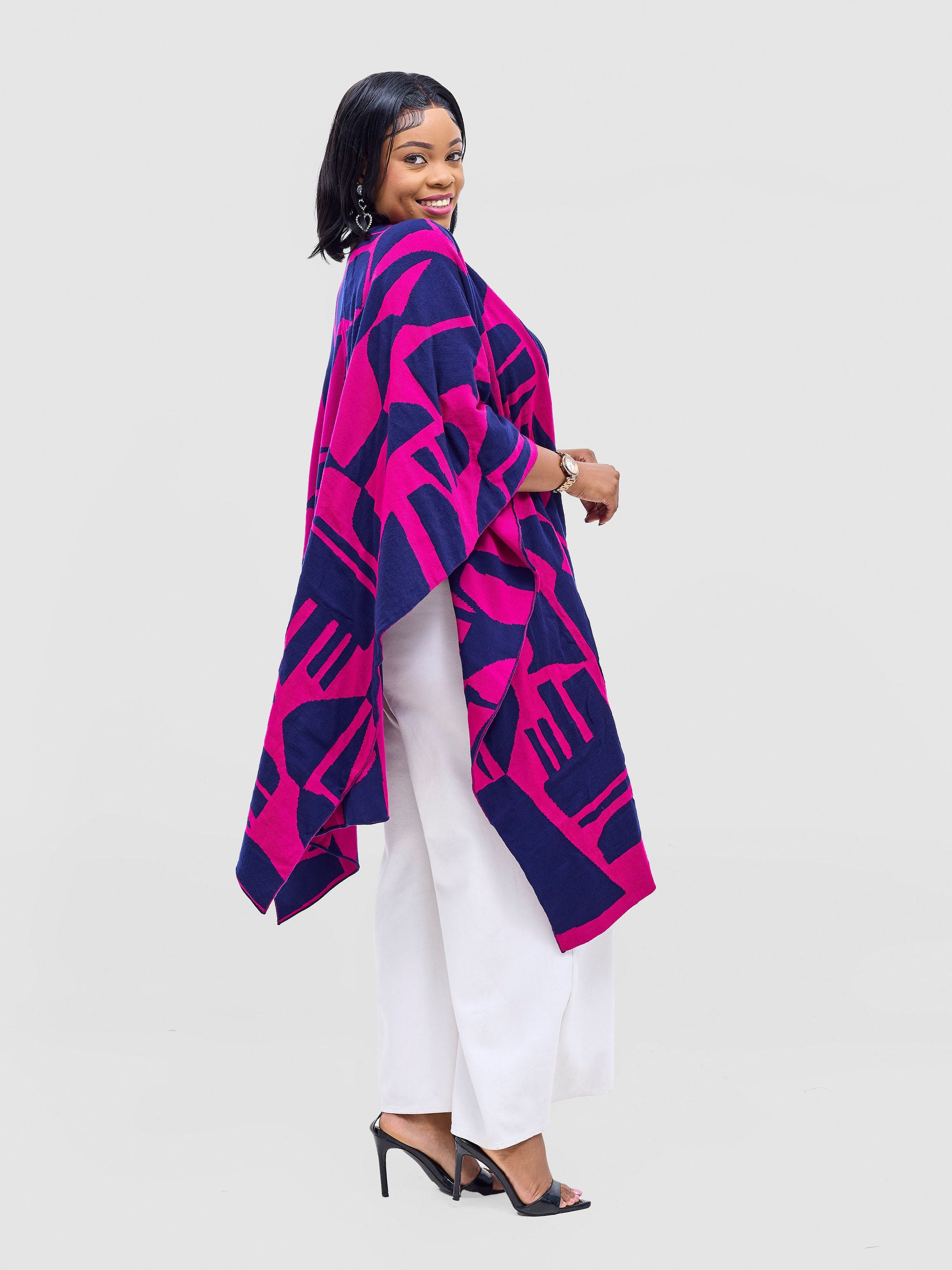Vivo Reversible Poncho without Fringes - Light Navy / Dark Pink Samba Print