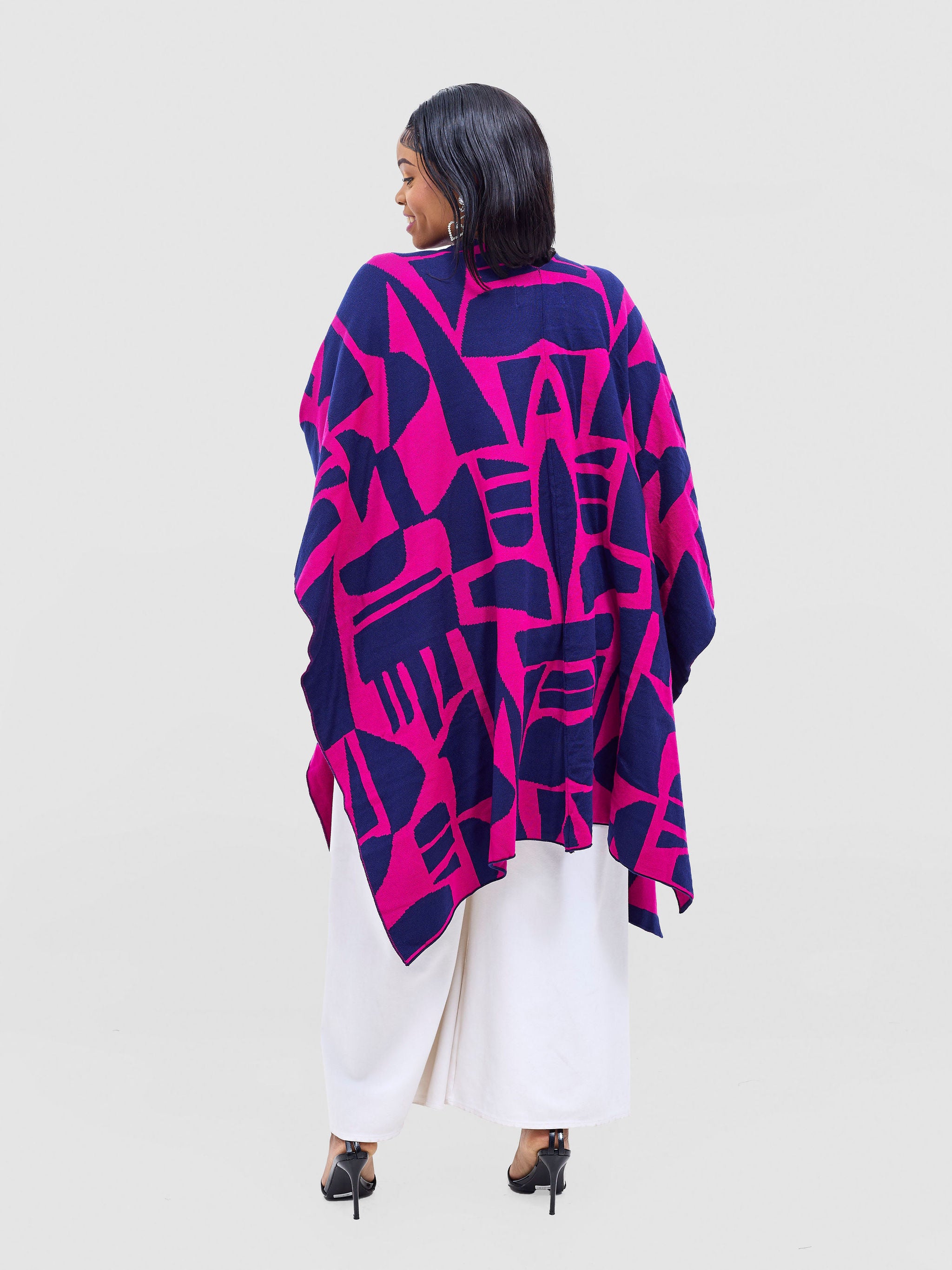 Vivo Reversible Poncho without Fringes - Light Navy / Dark Pink Samba Print