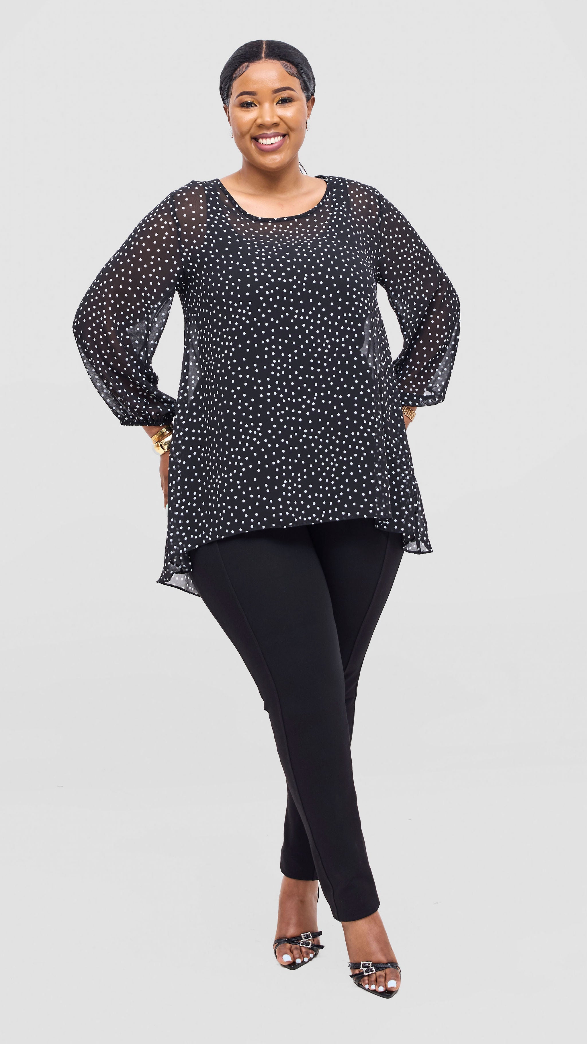 Vivo Samira High Low Top - Black / White Polka Dot Print