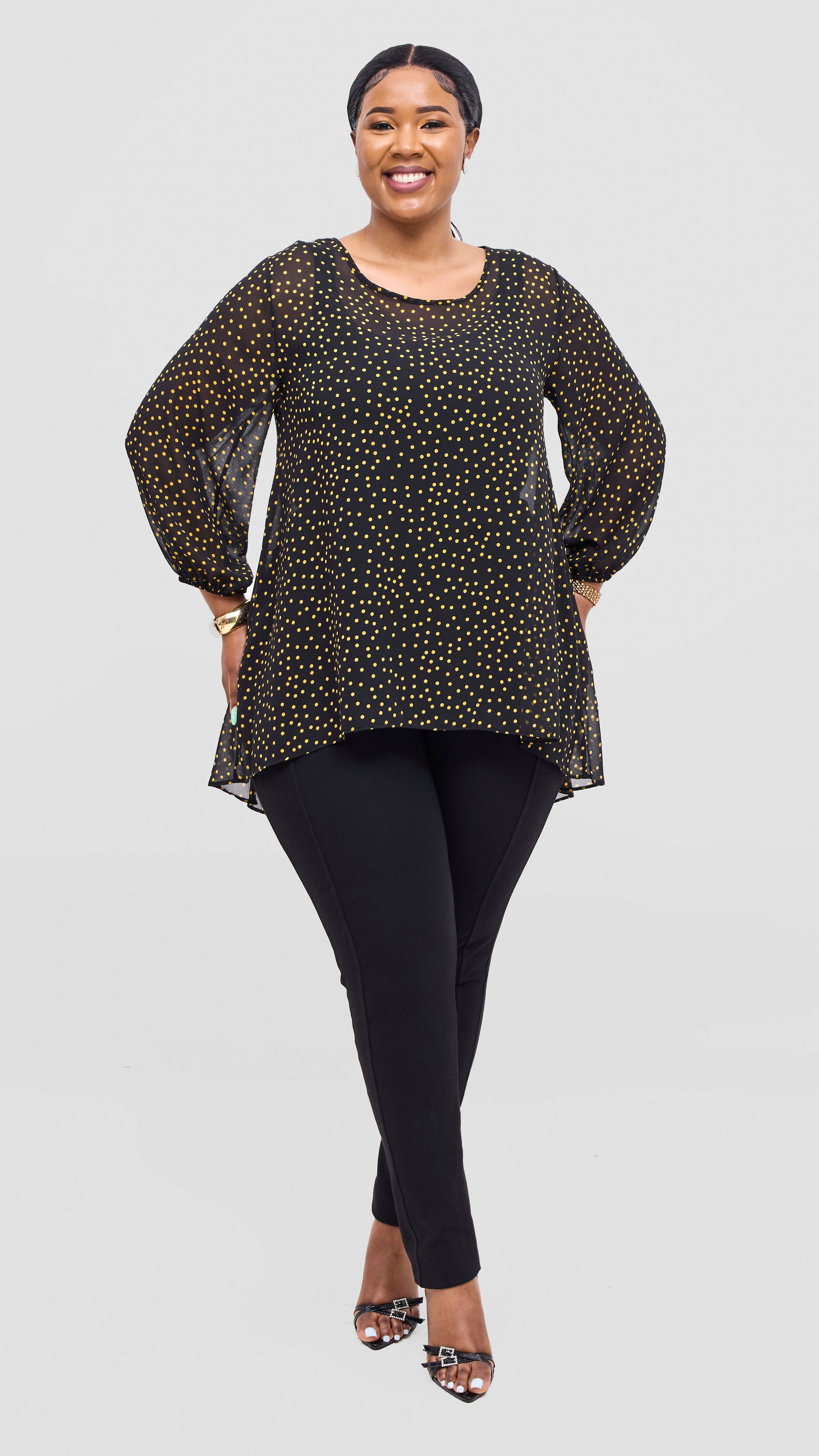 Vivo Samira High Low Top - Black / Yellow Polka Dot Print