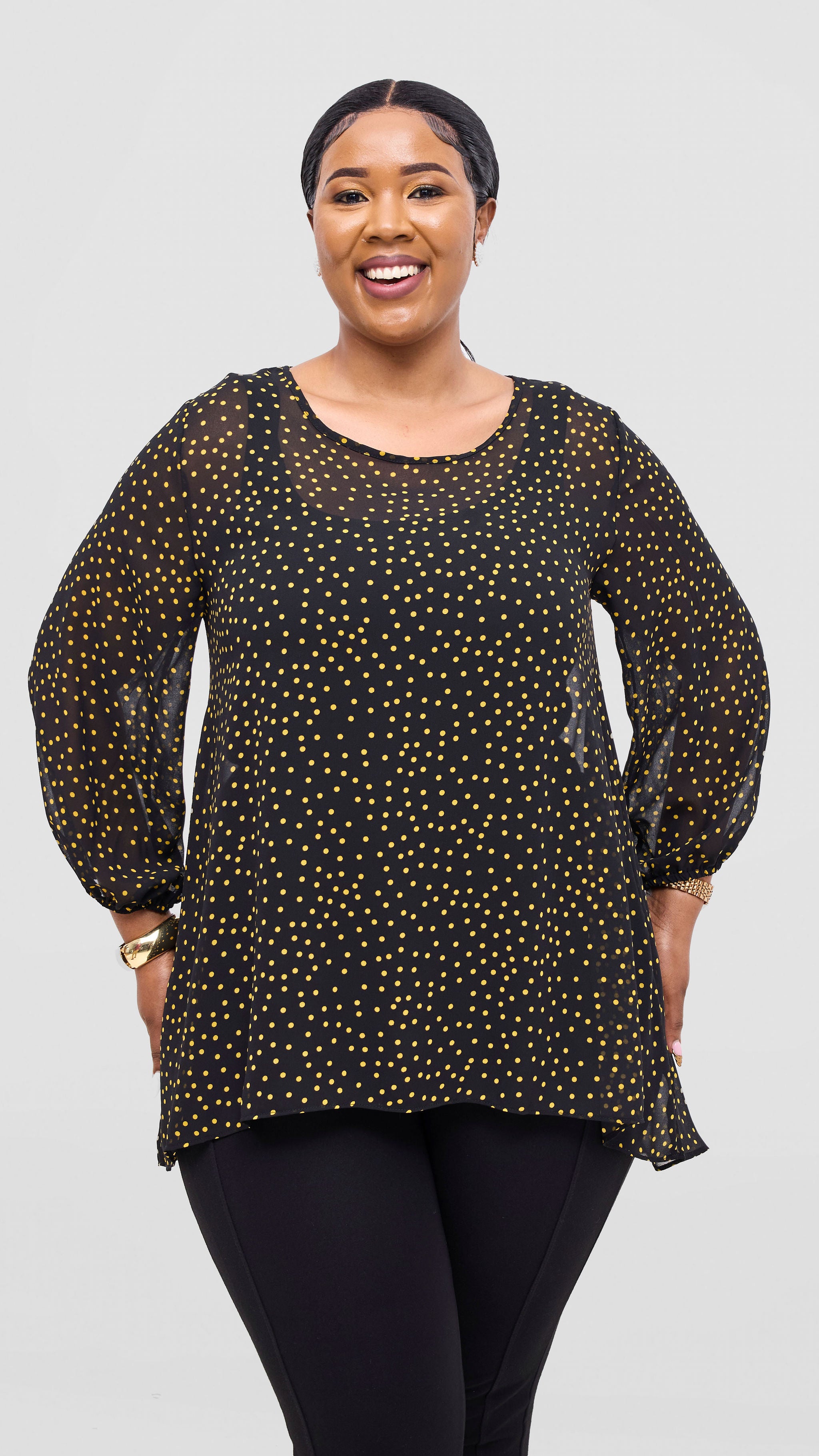 Vivo Samira High Low Top - Black / Yellow Polka Dot Print