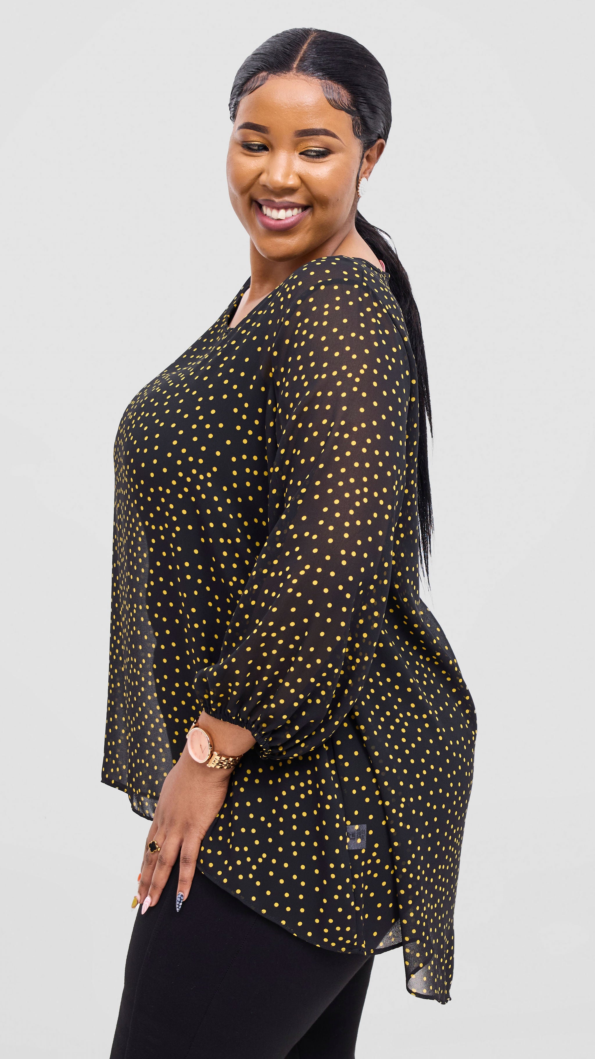 Vivo Samira High Low Top - Black / Yellow Polka Dot Print
