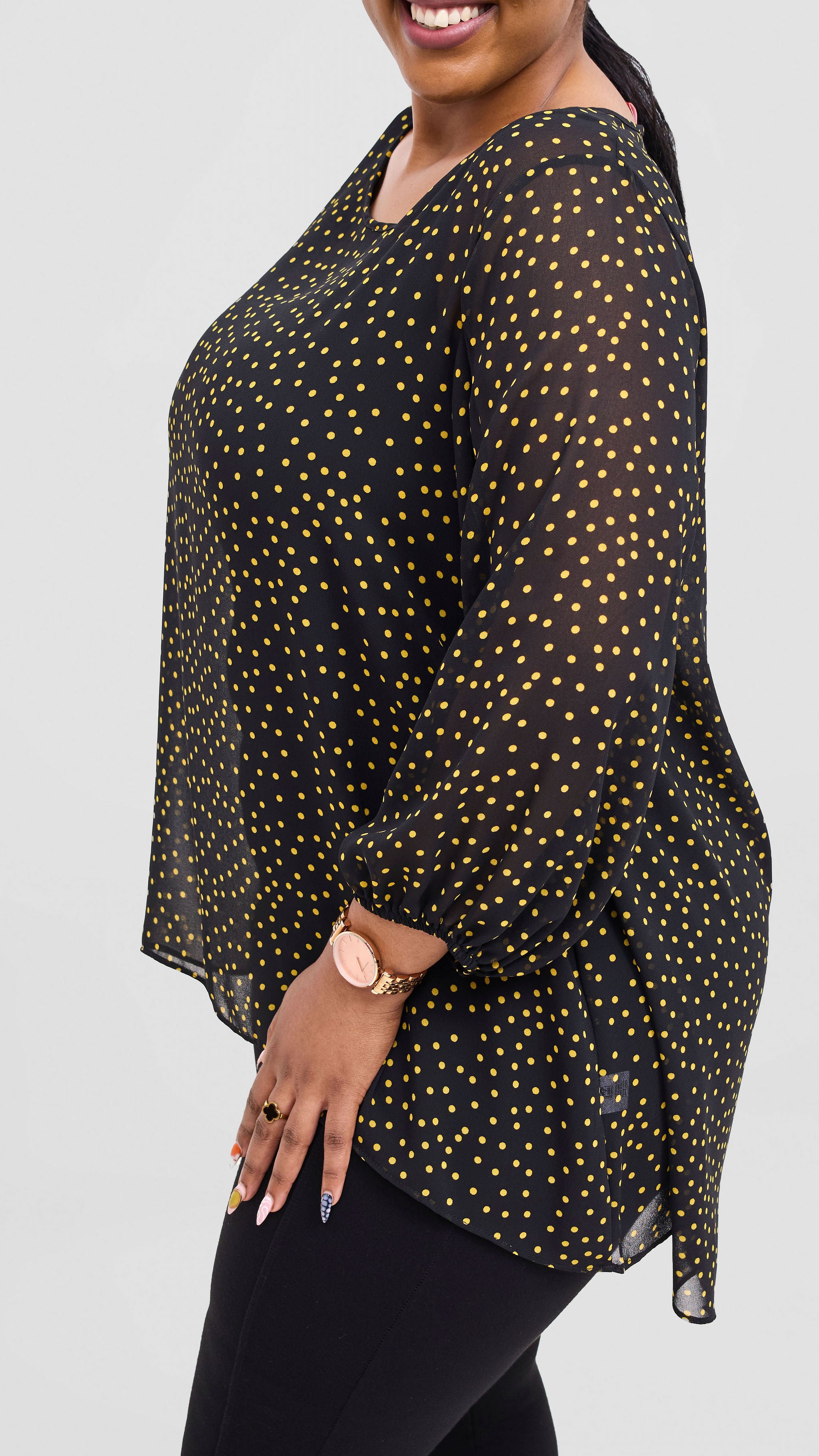 Vivo Samira High Low Top - Black / Yellow Polka Dot Print