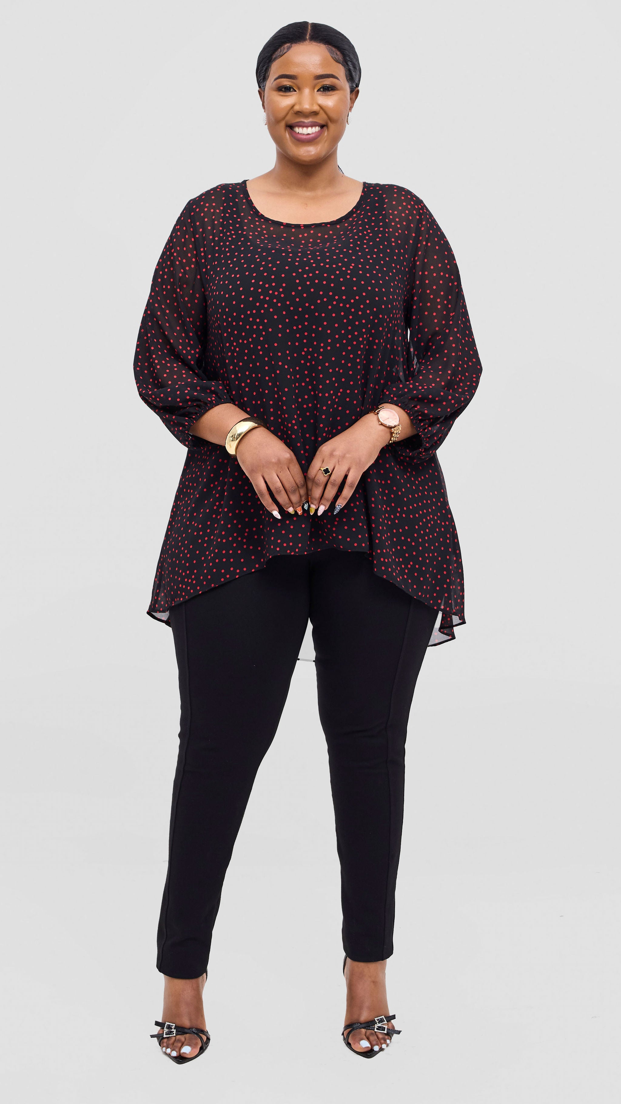 Vivo Samira High Low Top - Black / Red Polka Dot Print