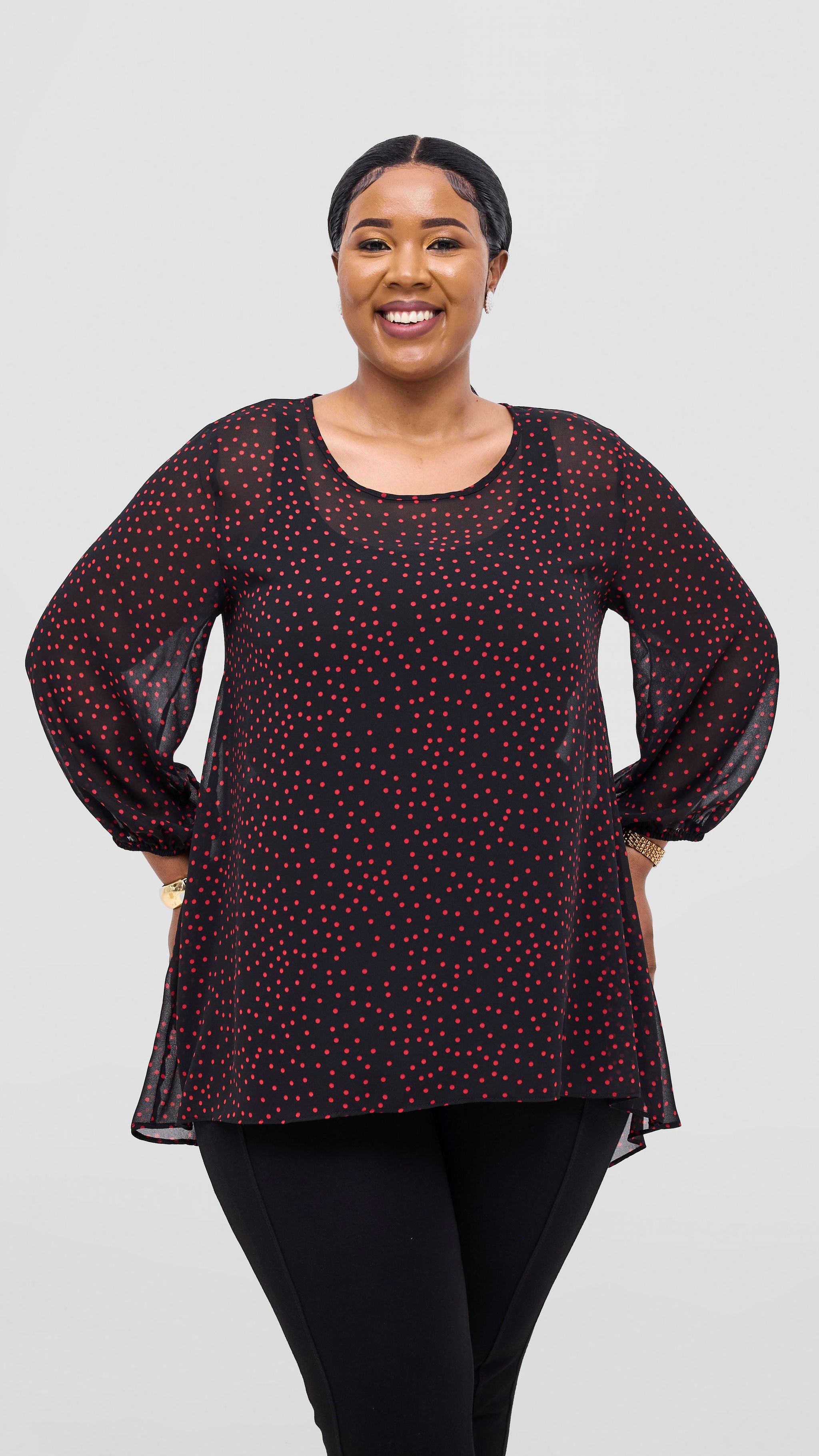 Vivo Samira High Low Top - Black / Red Polka Dot Print