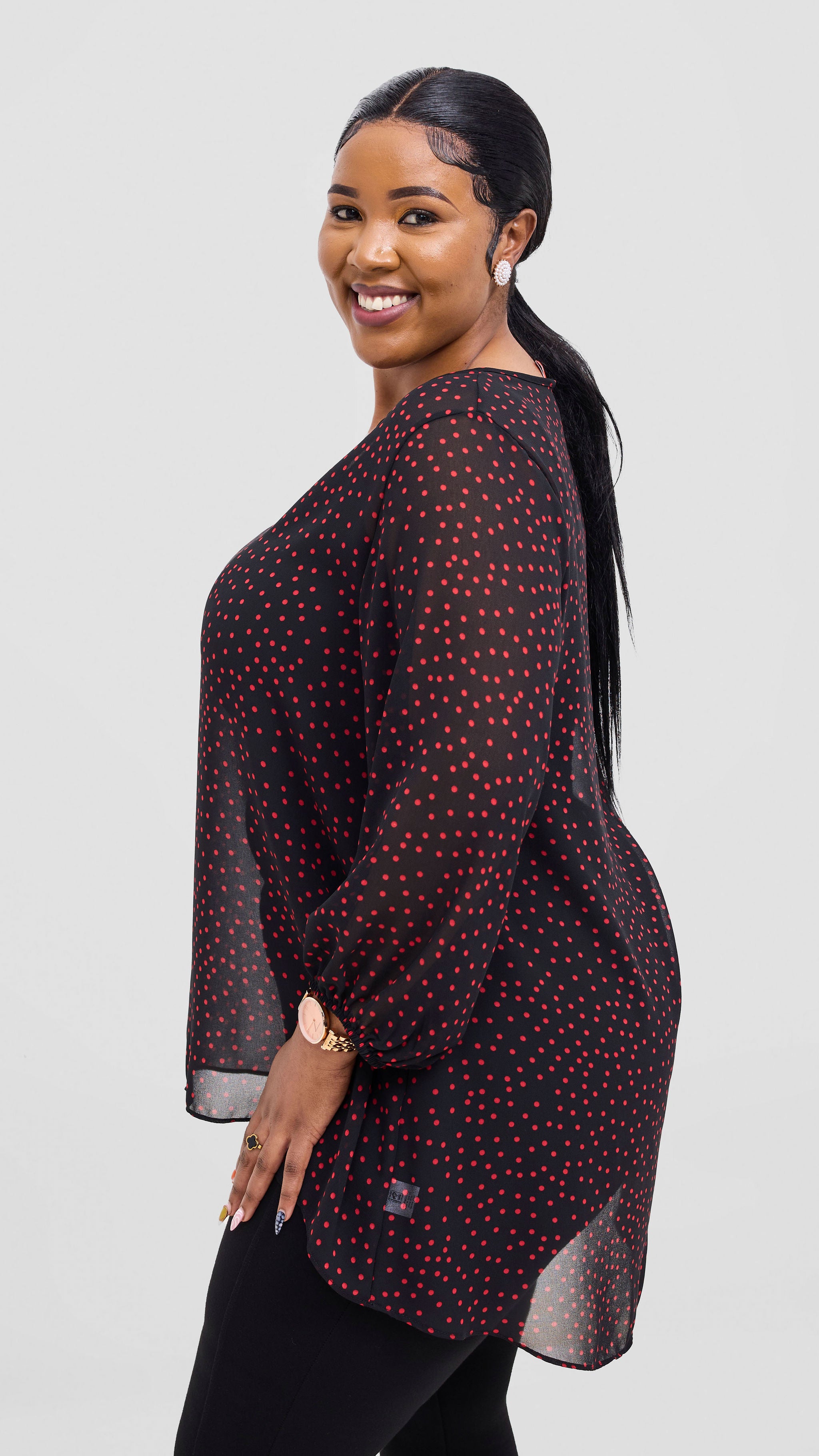 Vivo Samira High Low Top - Black / Red Polka Dot Print