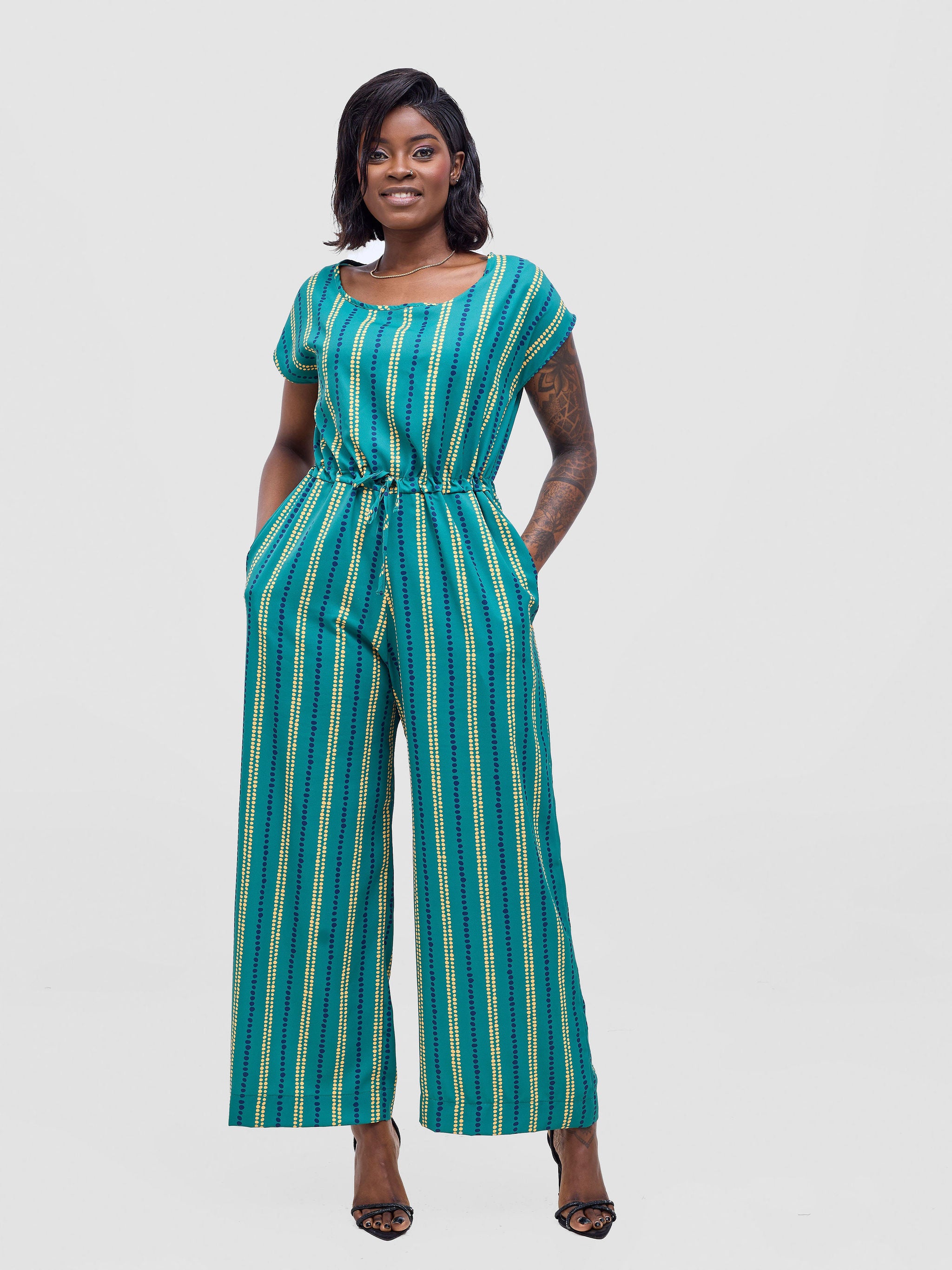 Vivo Sakari Drop Shoulder Jumpsuit - Green / Navy Deka Print