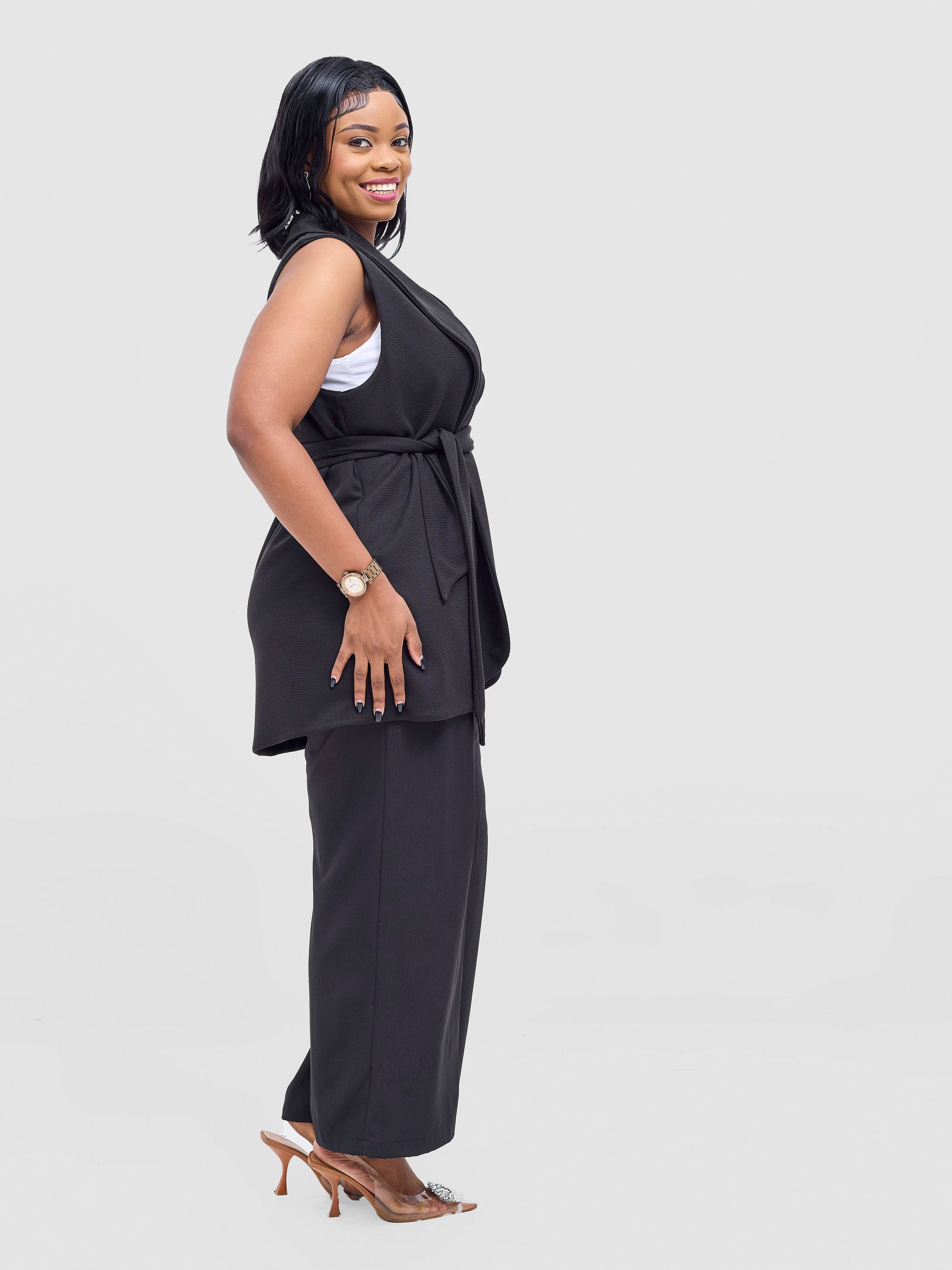 Vivo Basic Sleeveless Double Layered Coat - Black