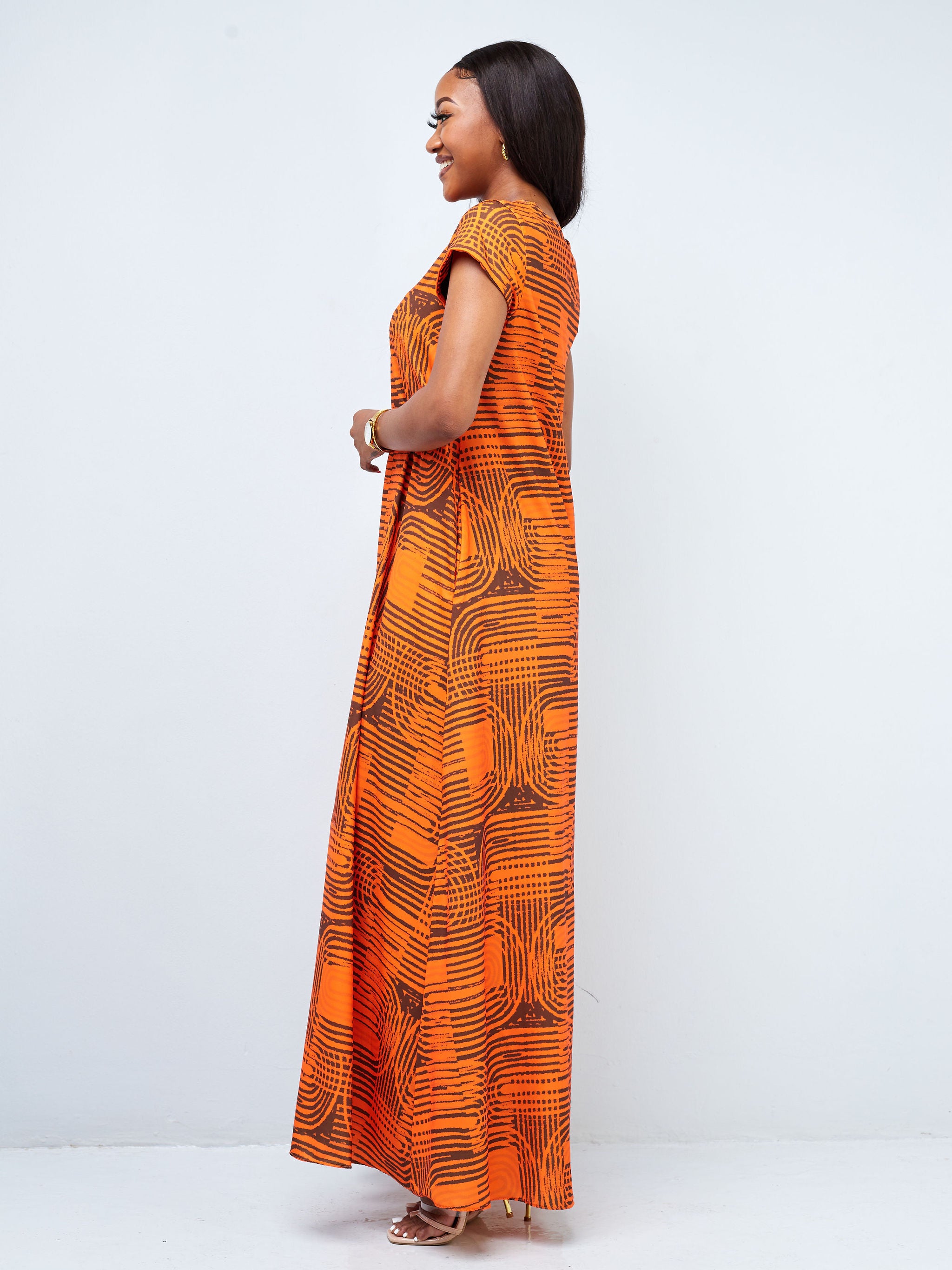 Vivo Basic Cap Sleeve Tent Maxi Dress - Orange / Brown Abstract Print