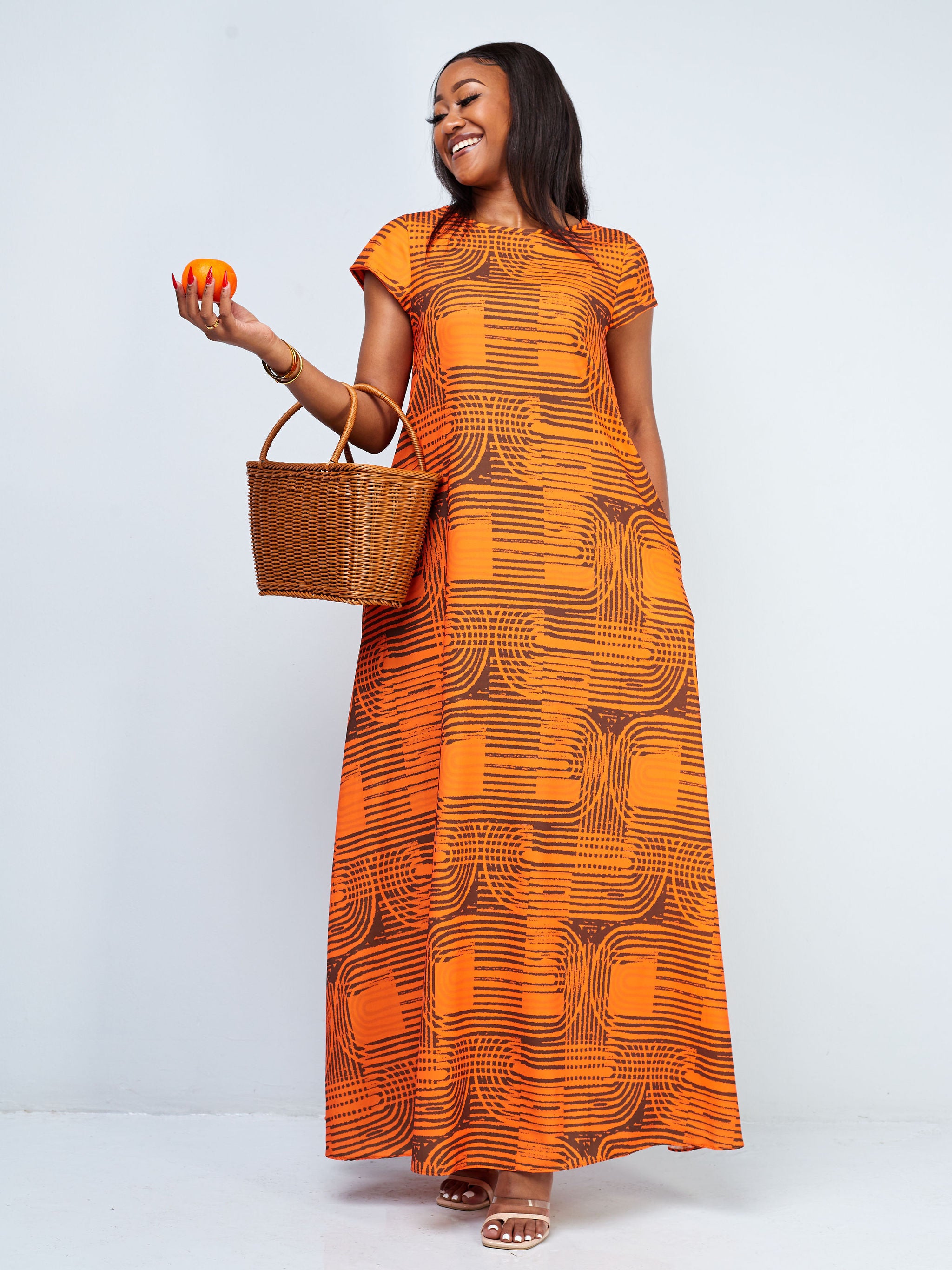 Vivo Basic Cap Sleeve Tent Maxi Dress - Orange / Brown Abstract Print