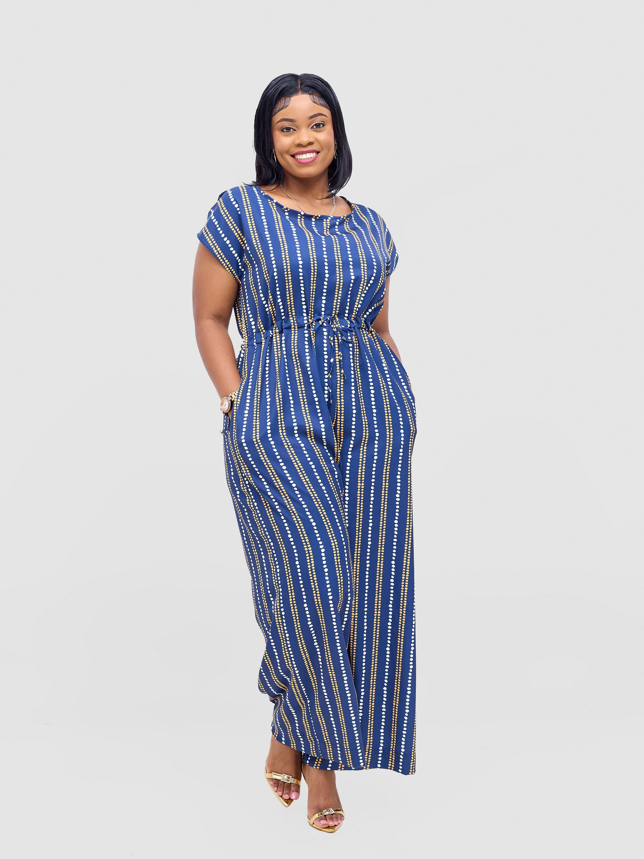 Vivo Sakari Drop Shoulder Jumpsuit - Navy / White Deka Print
